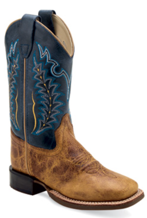 Kids Old West square toe boots in Burnt Brown and Cactus Navy.