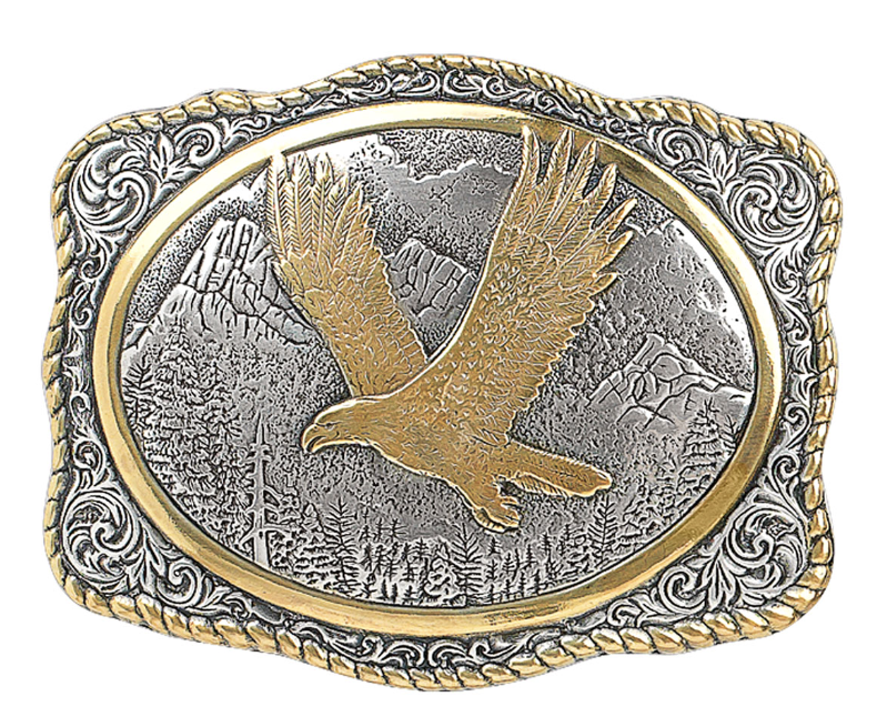 This Crumrine buckle has a vintage look. Rope edging with gold tone eagle in the center.