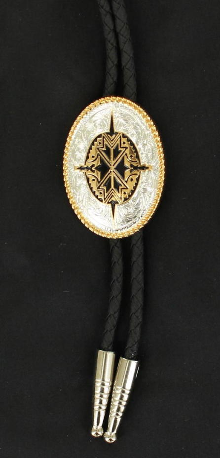 Stylish silver tone oval bolo with black accents. Black leatherette bolo cord with silver tone tips.