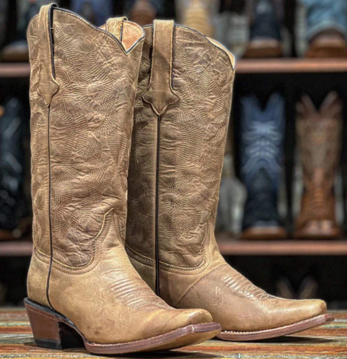 Women's Tanner Mark TML201383 Cognac Calfskin w/Tonal Stitch Pattern Square Toe Boot