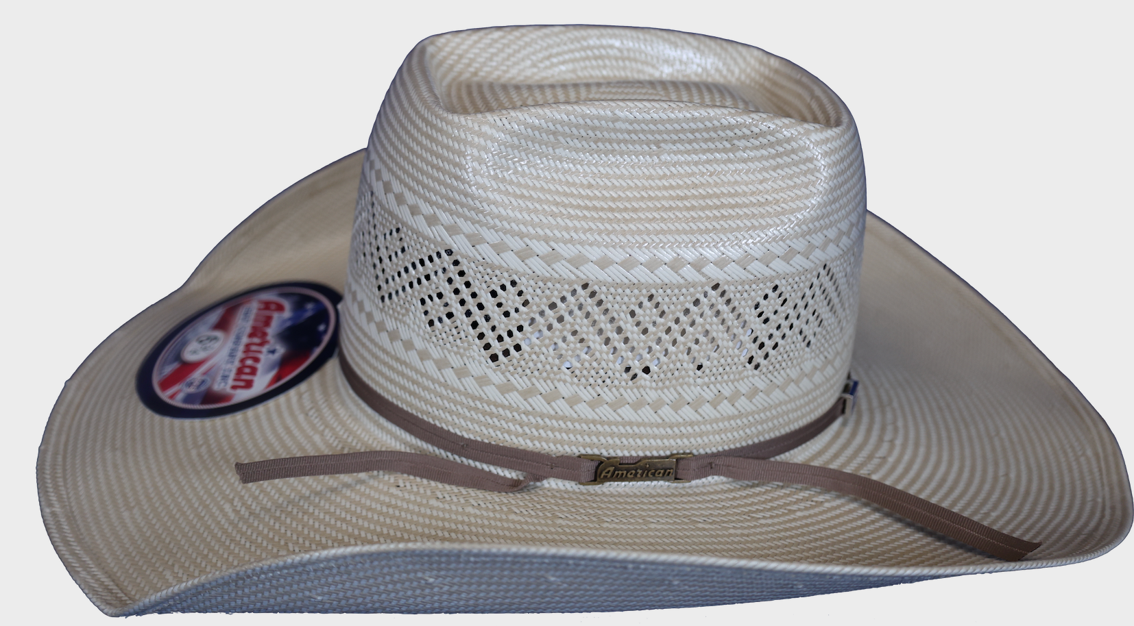 American Hat Company straw cowboy hat with Up North crown shape, side view featuring hand band and logo.