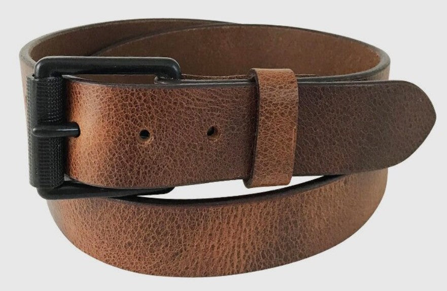 Dark brown vintage leather belt with a black matte buckle and a crackle texture.
