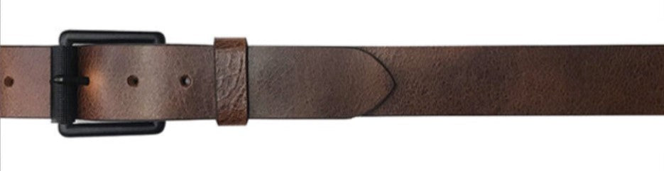 A flat view of a dark brown vintage leather belt with a black matte buckle and a crackle texture.