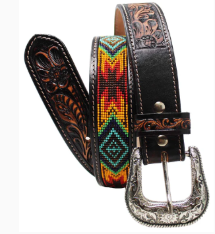 A full-grain leather belt with antique tooled leather design and beaded details, featuring a Western buckle. View of leather and bead details, also shows buckle.