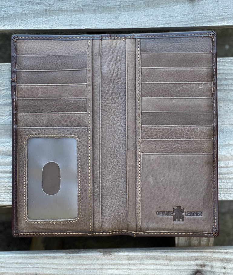 Coffee Brown leather tall wallet with a Brown inlay and a embossed Praying Cowboy design. Inside view showing ID window, multiple card and cash slots.