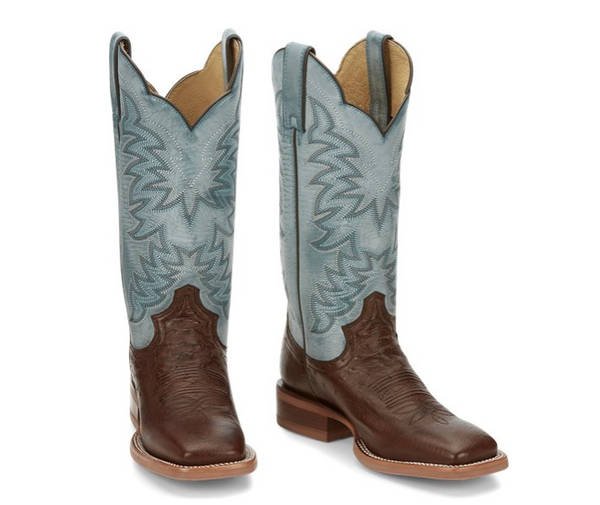 Women's Justin JE702 13" Antique Brown Smooth Ostrich with Silver Blue Wide Square Toe (Limited Edition) SALE BOOT