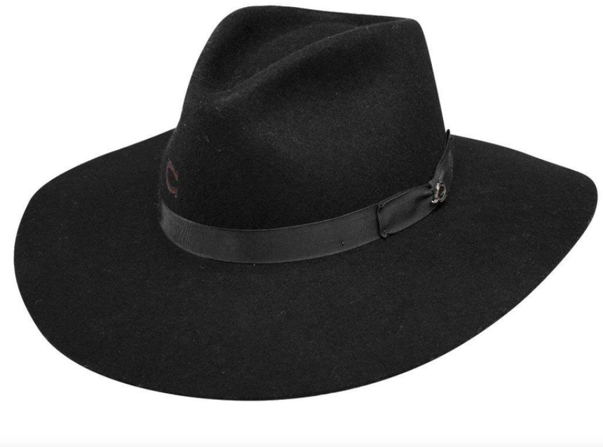 Charlie1 Horse Black wool hat with a ribbon hatband and a pinched front crown.