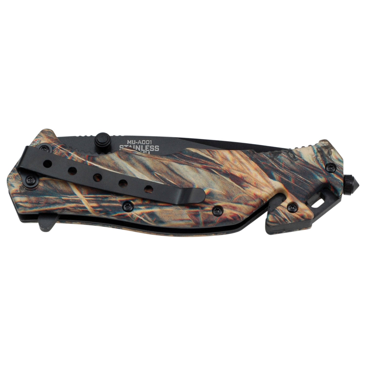 Spring Assisted Knife with a black stainless steel blade and camo handle. Shown closed