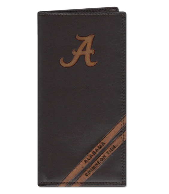 Zep-Pro brown leather tall wallet featuring the Alabama "A" logo in debossed design. Two debossed stripes angled on the bottom right read Alabama Crimson Tide. Front view.