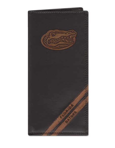 Zep-Pro University of Florida Gators Brown Debossed Tall Wallet featuring the Gators head logo near the wallet top in debossed design. Two debossed stripes angled on the bottom right read Florida Gators. Front view