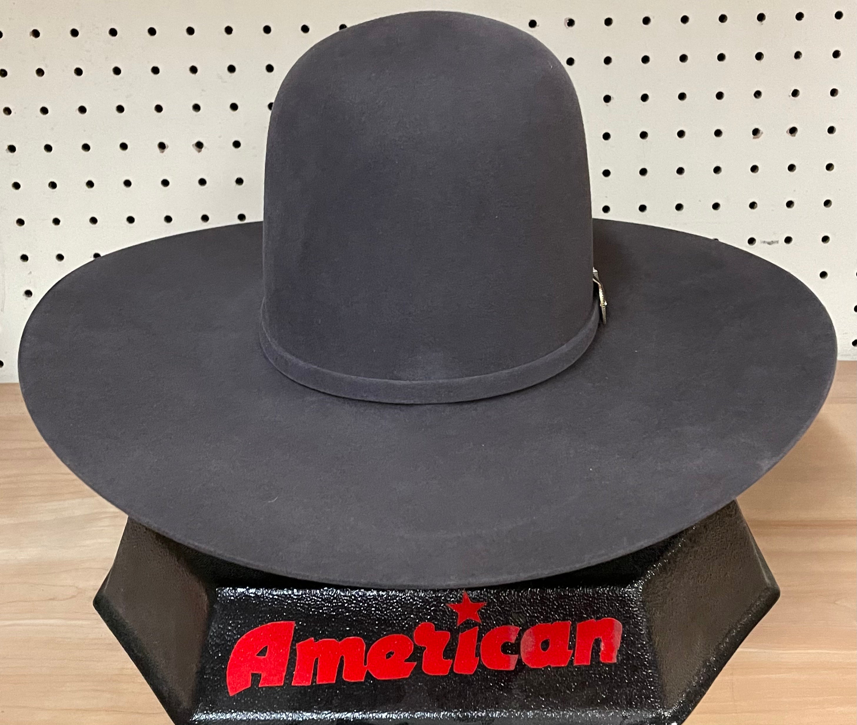 American Hat company open crown flat brim felt cowboy hat in Steel. Front View