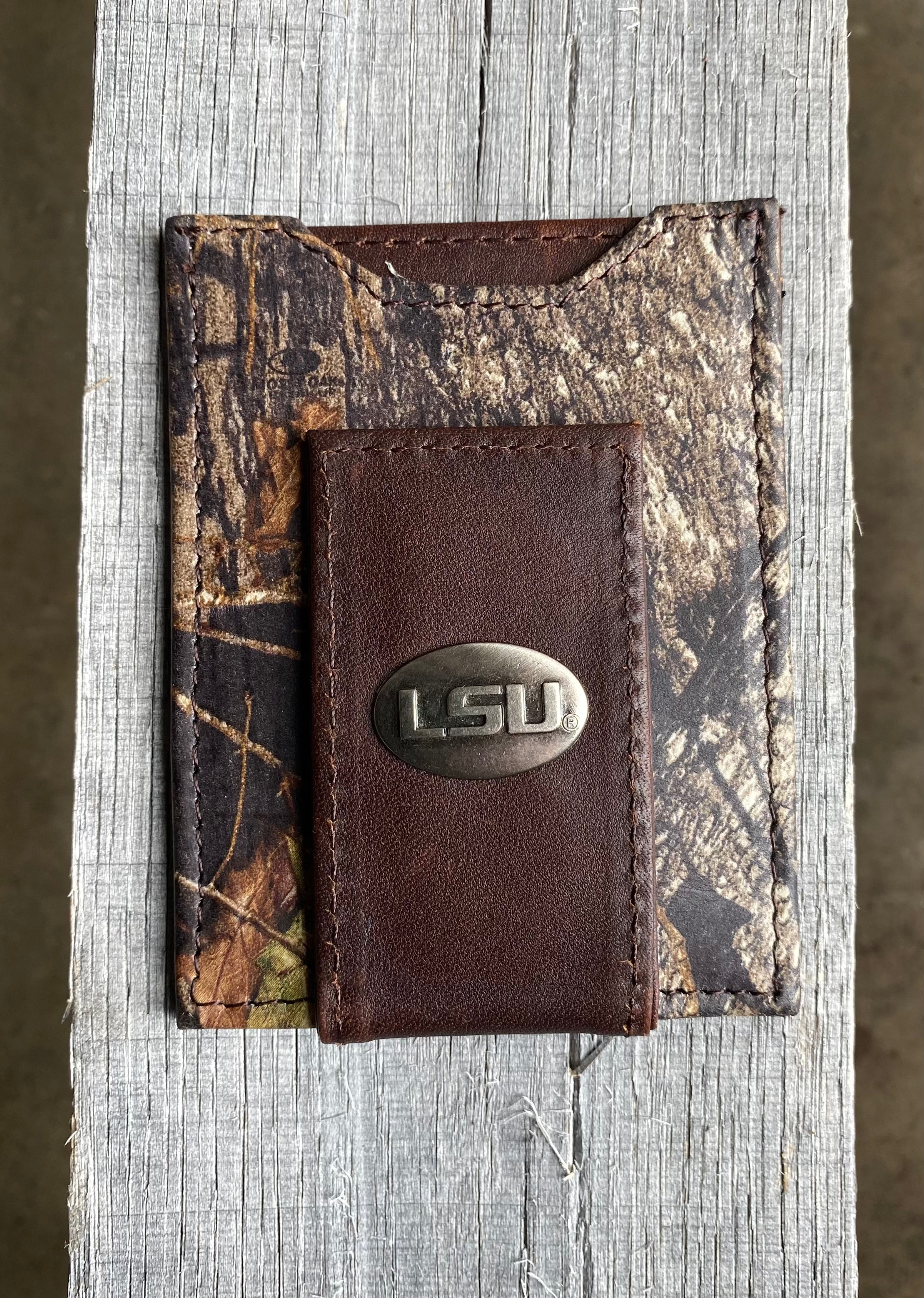 Zep Pro LSU Mossy Oak Camo Leather Front Pocket Wallet with LSU logo brass concho on brown leather bill tab. Front view.