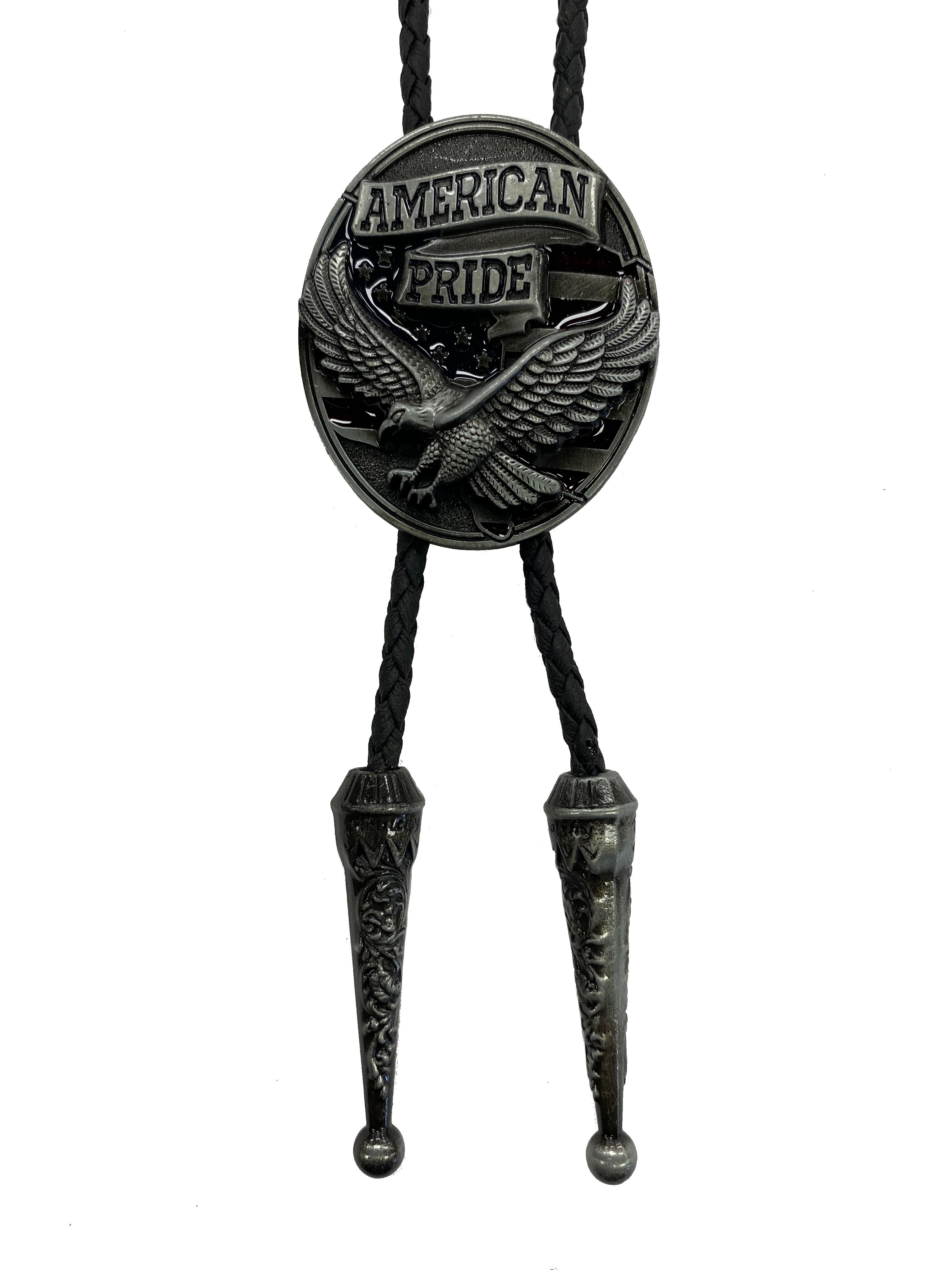 This oval shaped bolo tie features a Silver Eagle with American Pride lettering on a Black background. It has a black braided cord with metal tips and it is fully adjustable.