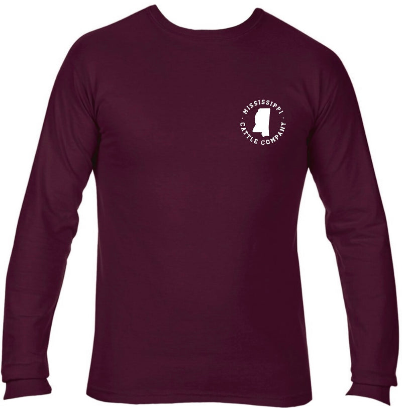 Mississippi Cattle Company MSCATTLELS-1 Maroon Long Sleeve Comfort Color T-Shirt