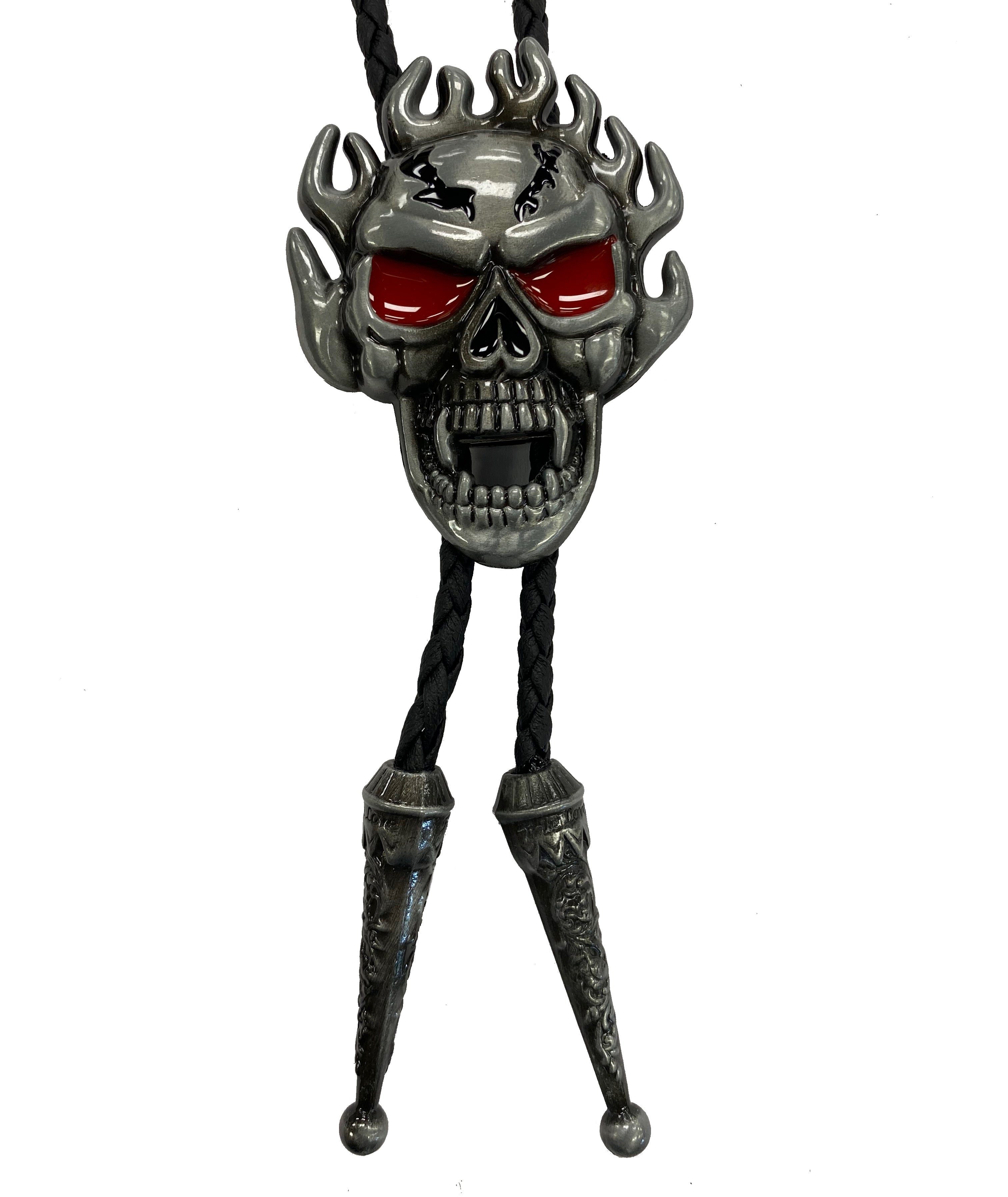 This Silver and Red flaming skull bolo tie, comes on a Black braided cord with metal tips and is fully adjustable.
