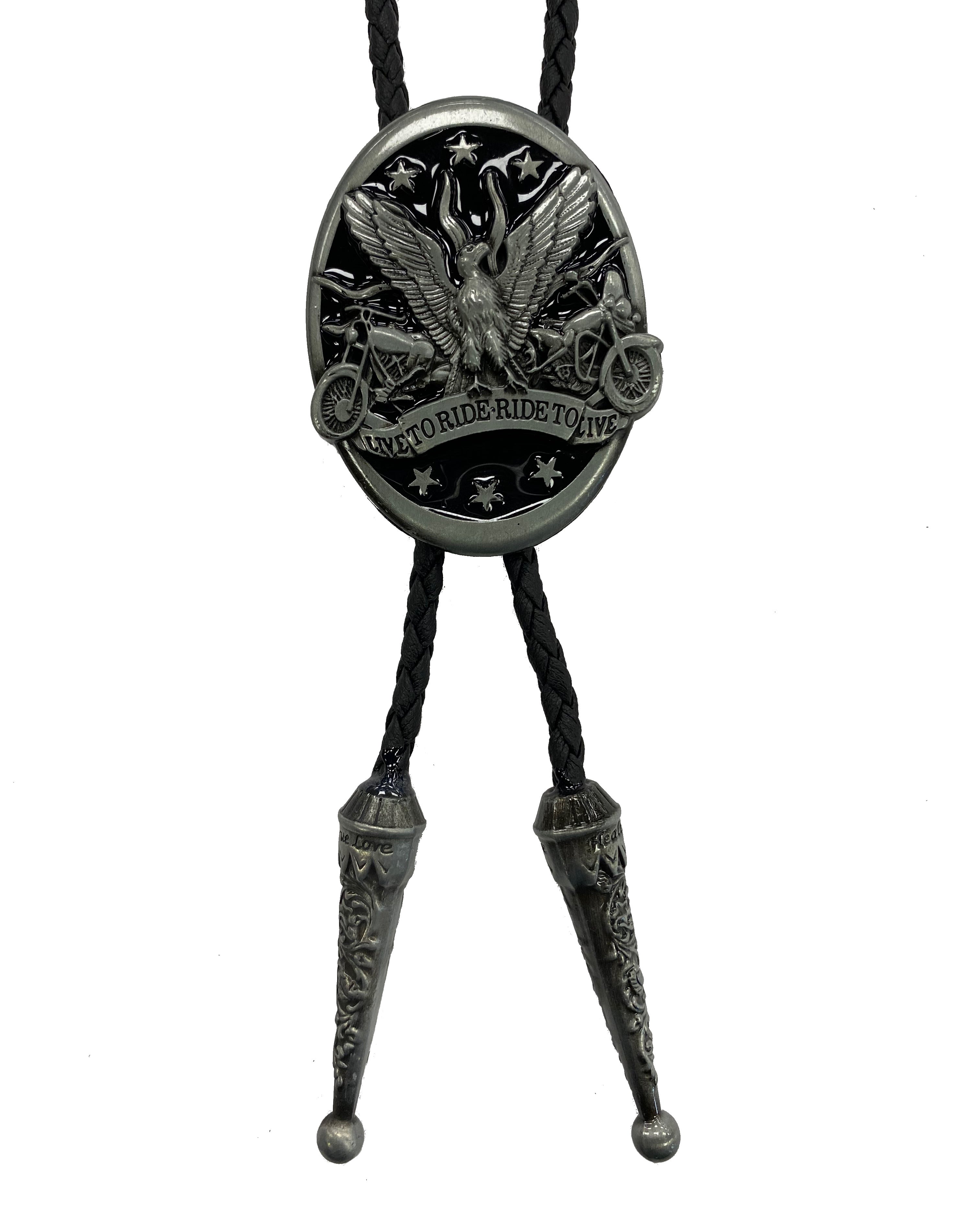 This bolo tie features a Eagle and the wording "Live to Ride Ride to Live". It has a Black braided cord with metal tips.