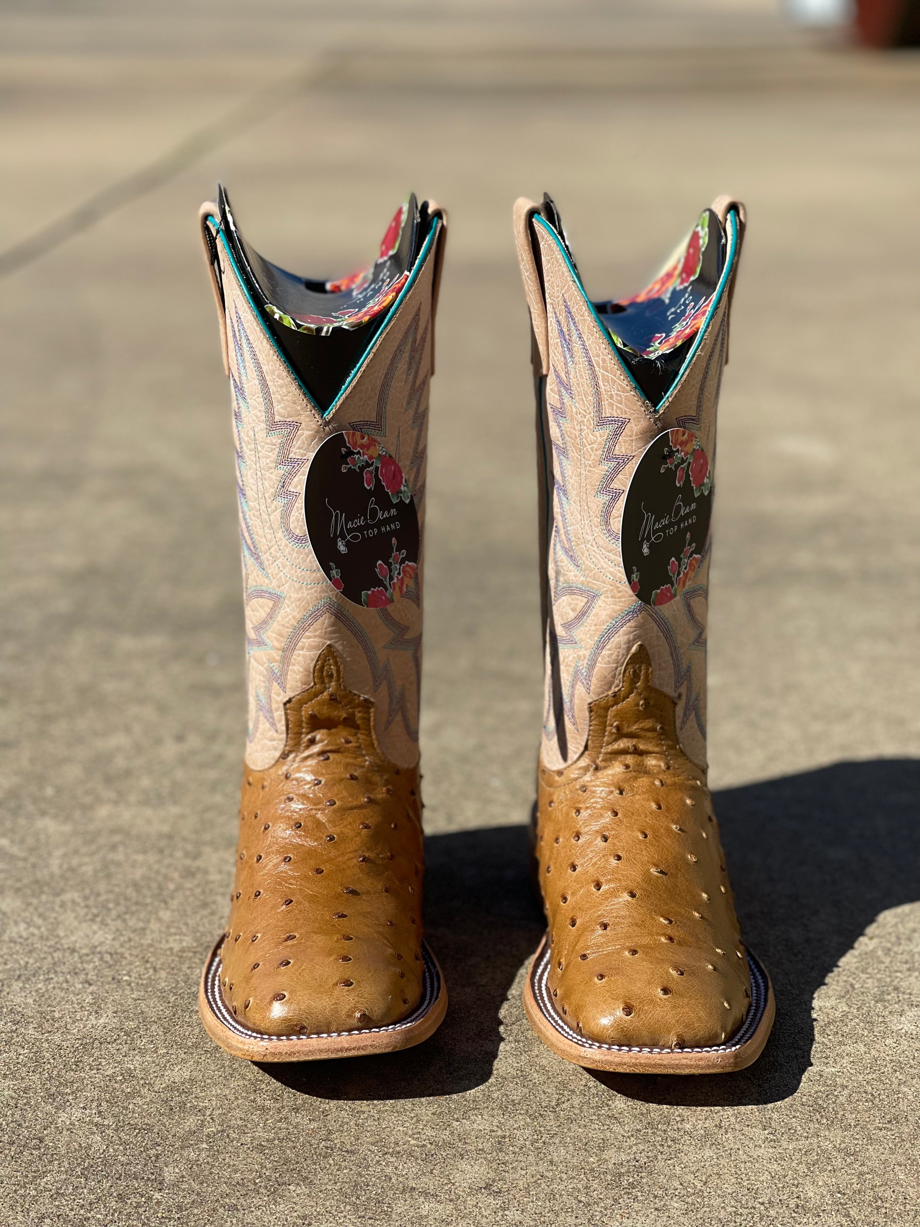 Women's Macie Bean Top Hand 12 inch Antique Saddle Full Quill Ostrich Square Toe Boot