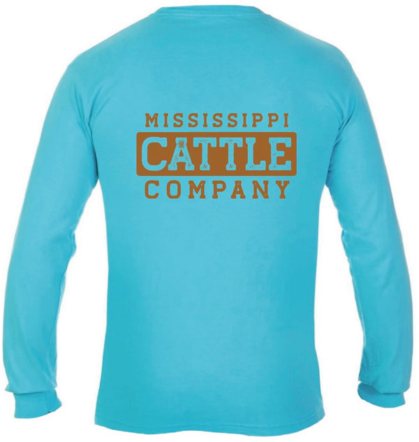 Mississippi Cattle Company MSCATTLELS-7 Lagoon Blue Long Sleeve Comfort Color T-Shirt