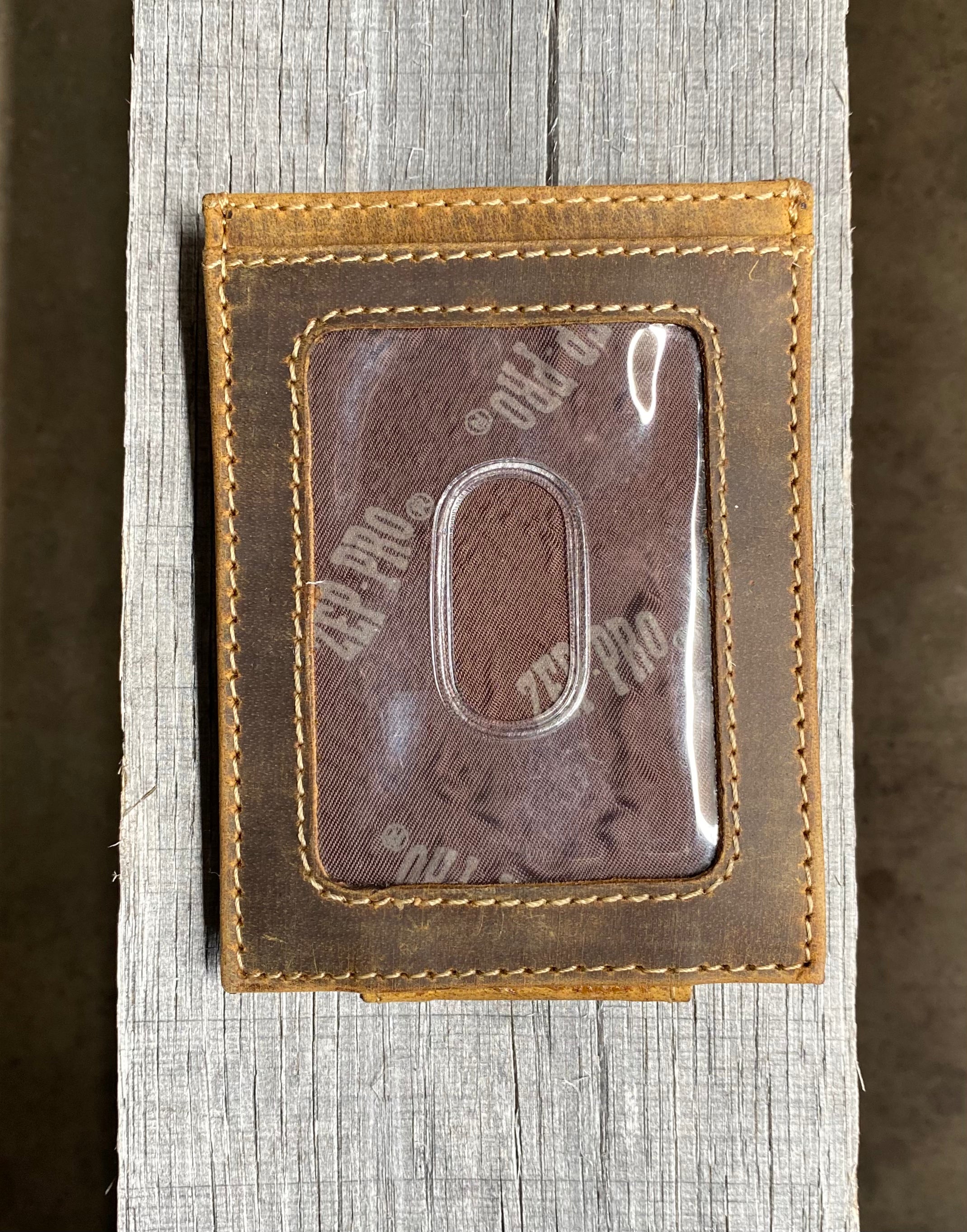 Zep Pro USA Flag Concho Vintage Tan Leather Front Pocket Wallet. Back view shows clear plastic ID window.