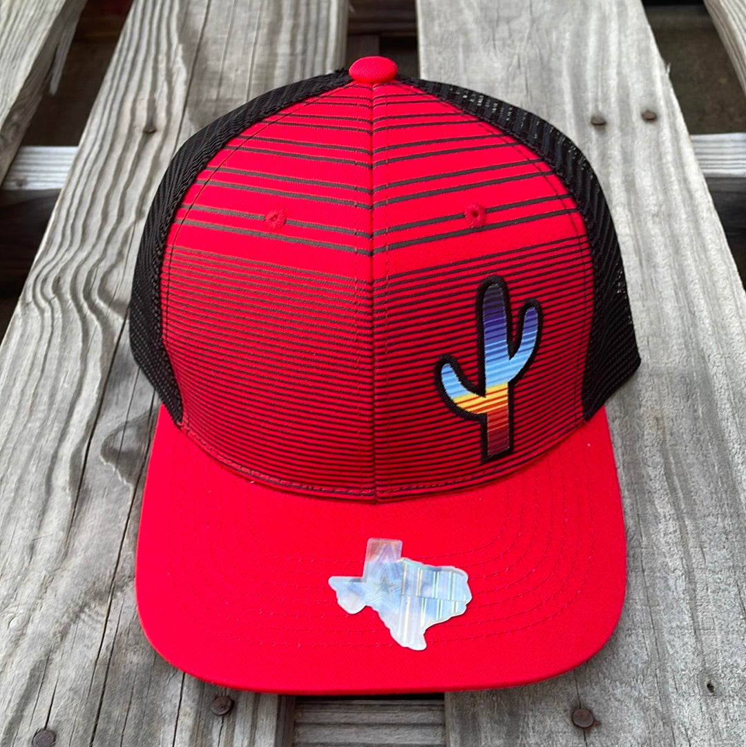 Red and Black striped trucker cap with a cactus patch design on the front, it has a solid Red bill and a Black mesh back. Front View
