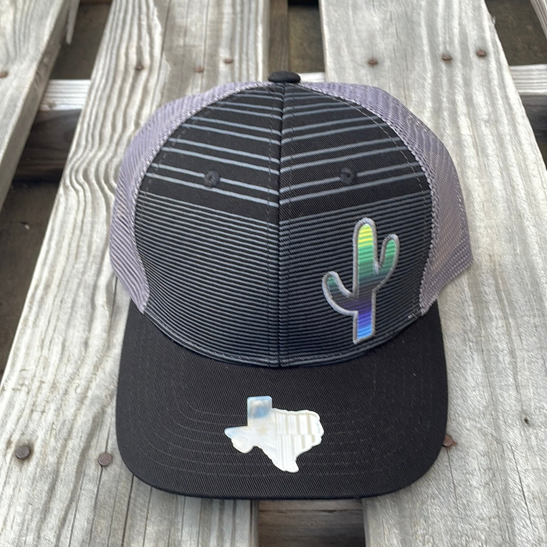 Black trucker cap with Grey stripes, Grey mesh back, a solid black bill and a Serape Cactus Patch. Front View