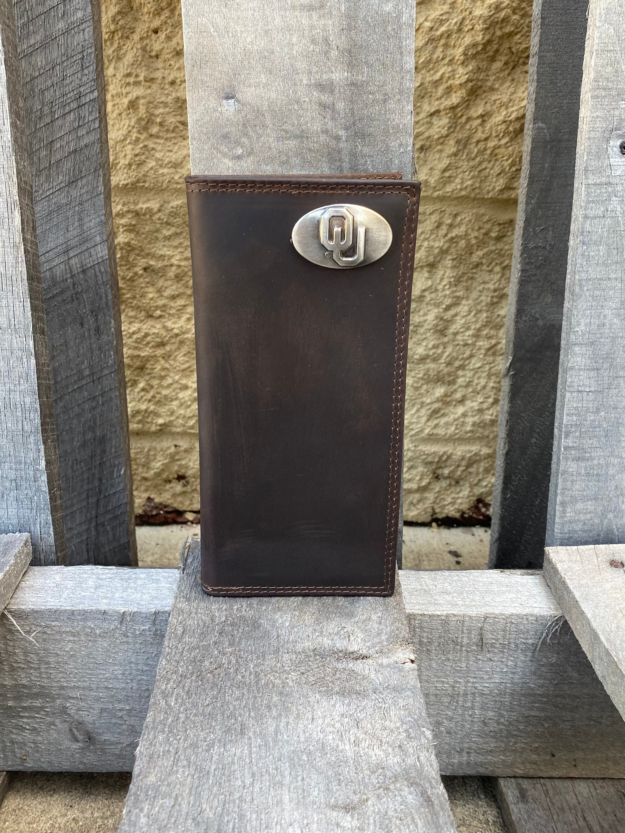 Zep-Pro University of Oklahoma Brown Crazy Horse Leather tall checkbook wallet. with oval metal OU logo concho in upper right corner. Front view