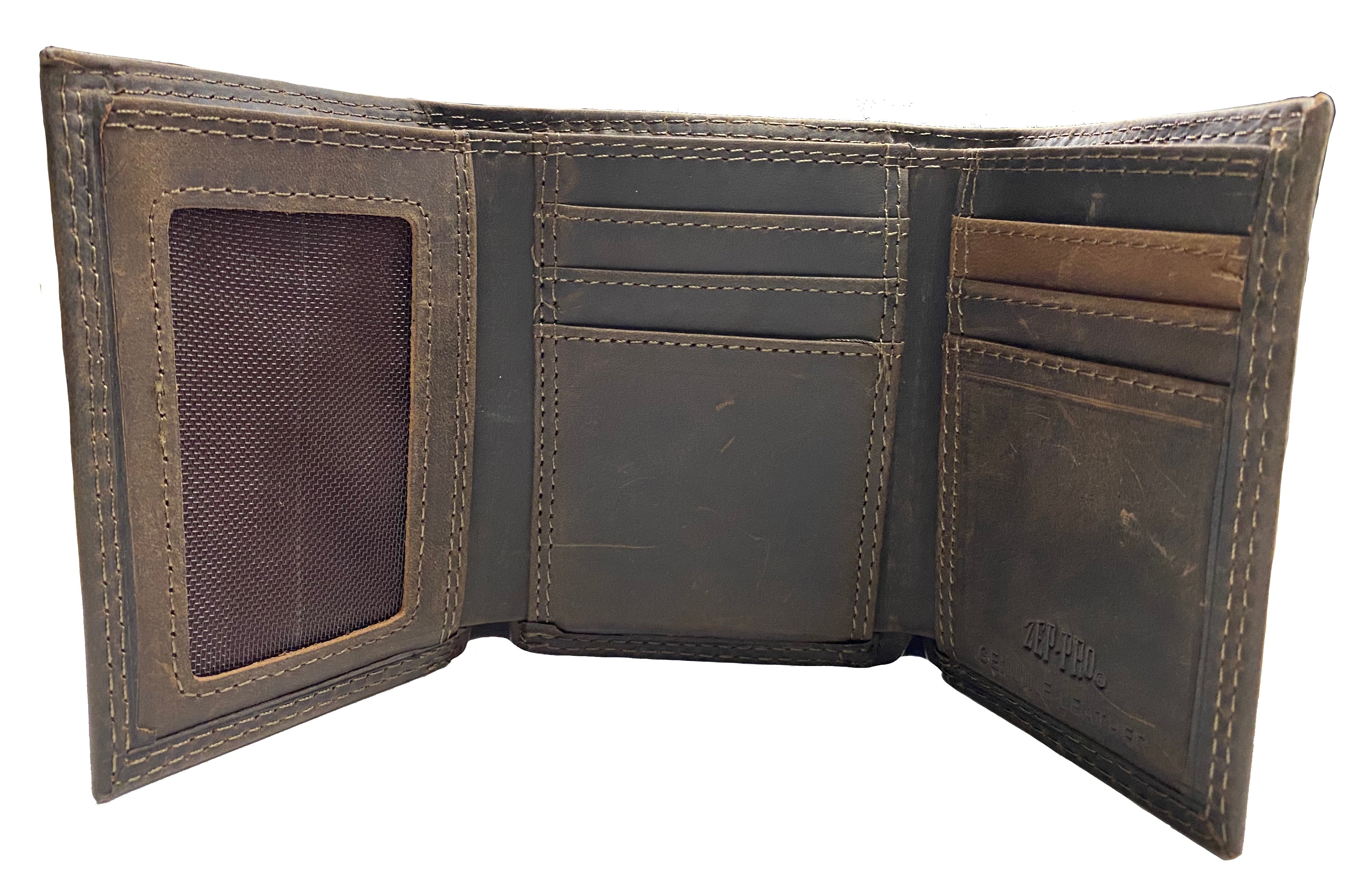 Zep-Pro University of Florida Gators Brown “Crazy Horse” Leather Trifold Wallet. inside view showing:
6 interior credit card slots
2 interior pockets
1 ID window
2 bill/cash compartments
