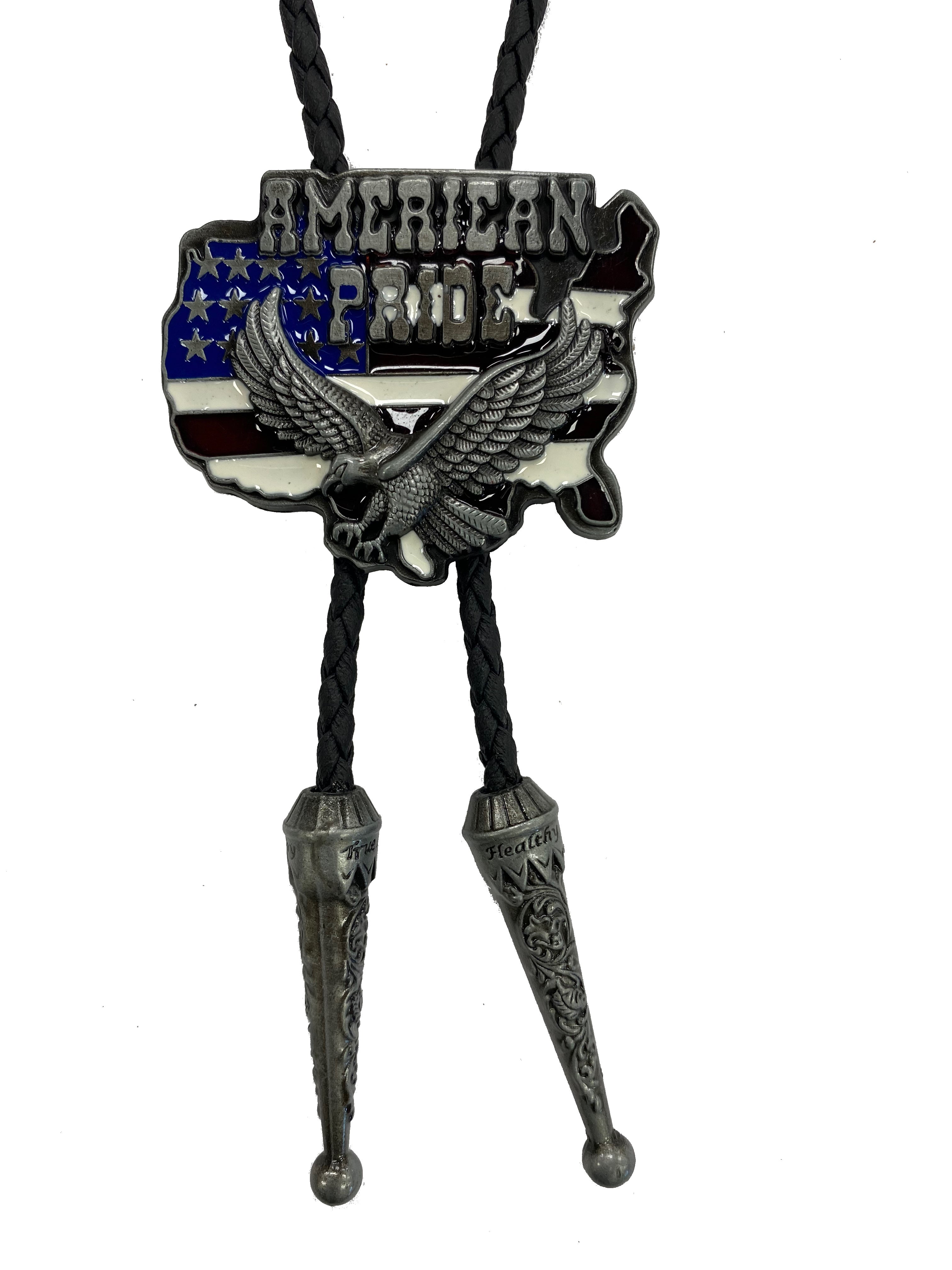 American shaped bolo tie in Red, White, and Blue with a Eagle and American Pride lettering. It has a Black braided cord and metal tips and it is fully adjustable.