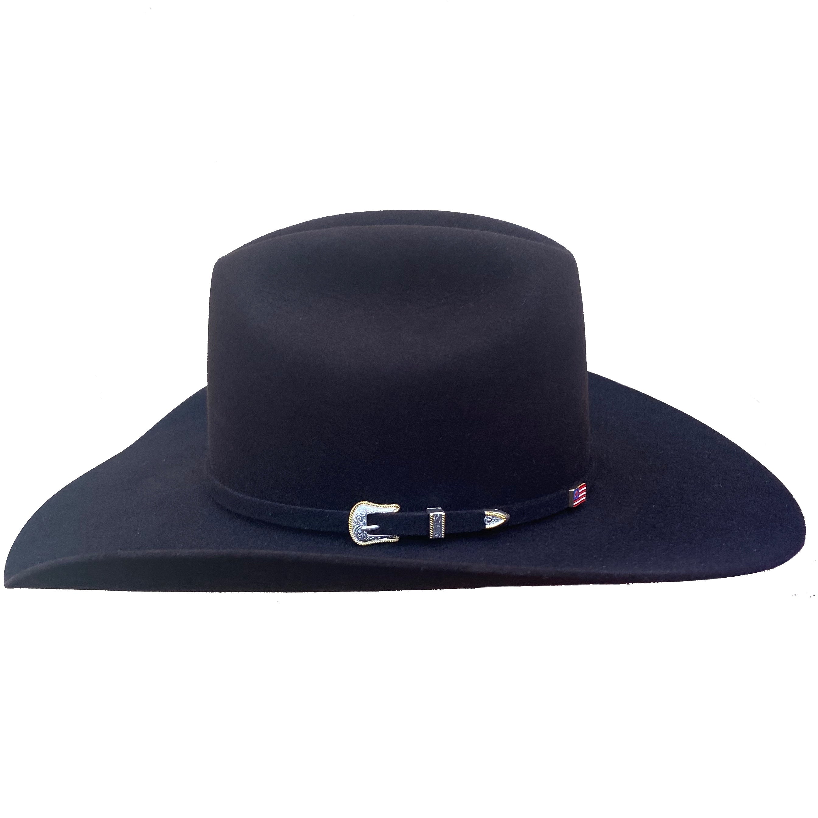 An American Hat Company 7X Black Cherry Rancher Crease Crown Felt Hat. Side view featuring buckle on hat band.