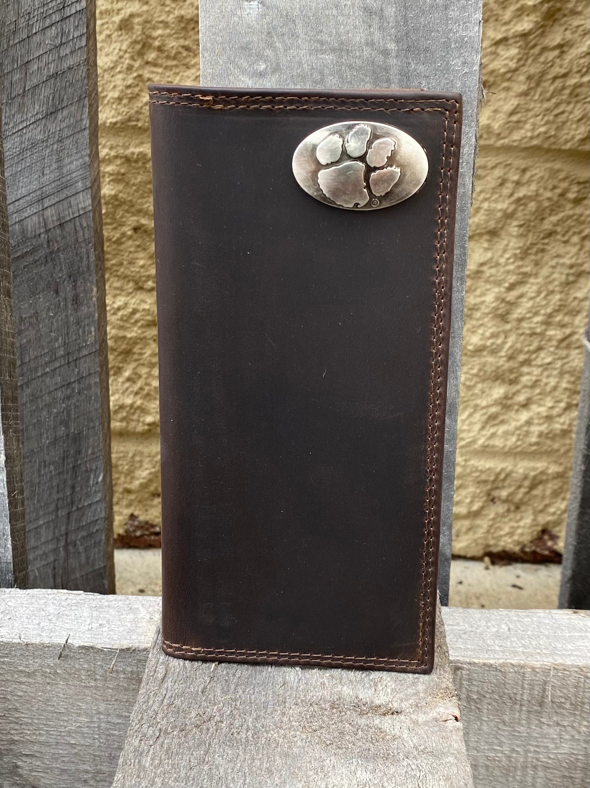 Zep-Pro Clemson University Tigers Brown “Crazy Horse” Leather Tall Wallet with metal Clemson Tiger Paw logo concho in upper right corner. Front view