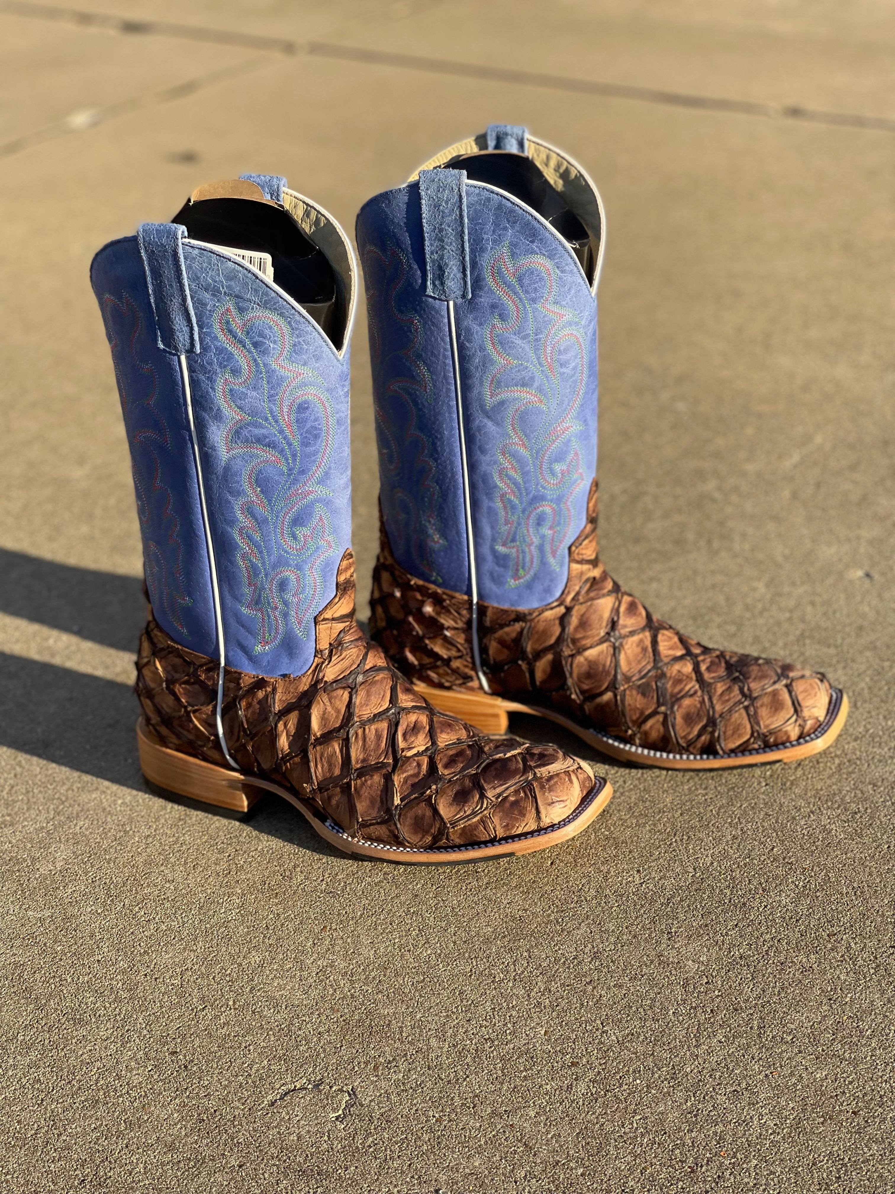 Men's Anderson Bean cowboy boots in cigar matte big bass and a royal sinsation top.