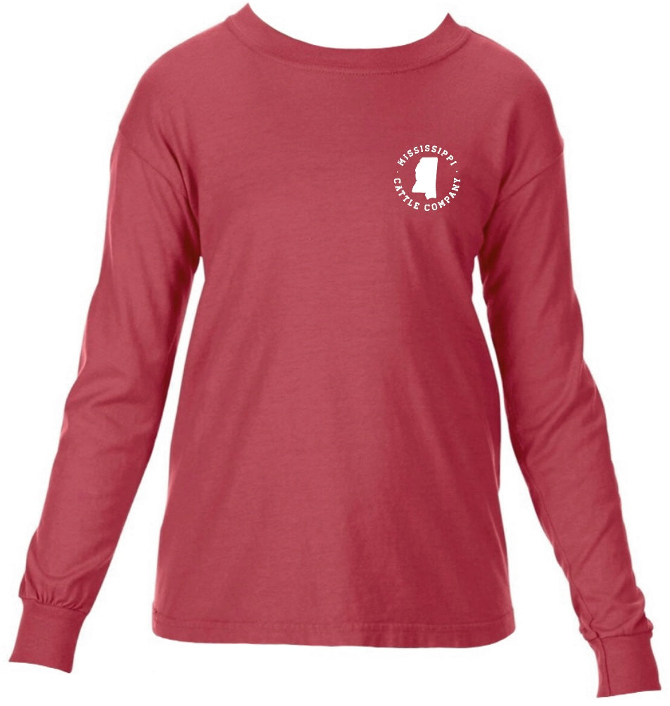Youth YTHMSCATTLELS-1 Mississippi Cattle Company Crimson Long Sleeve Comfort Color T-Shirt *CLOSEOUT*
