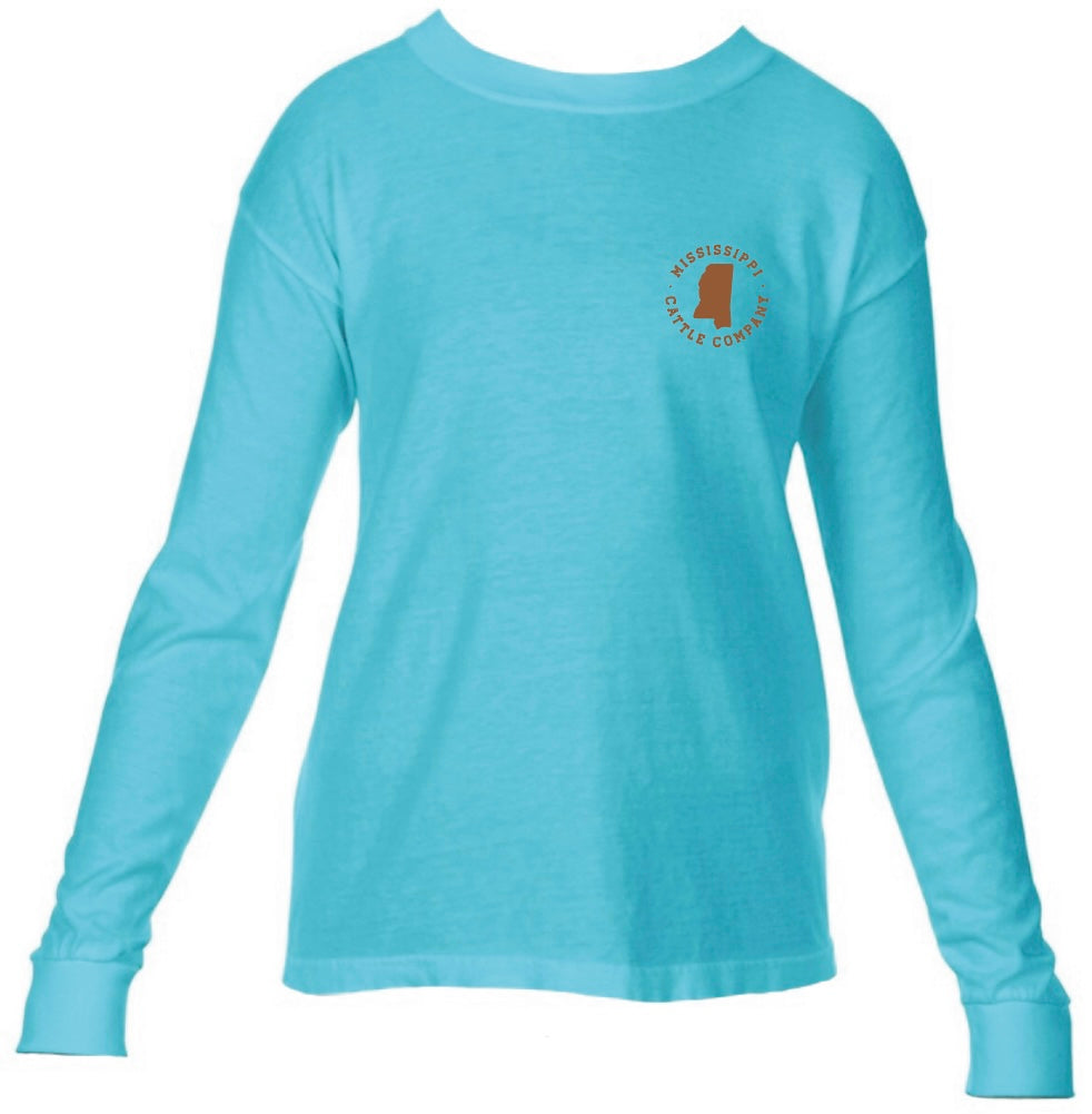 Youth YTHMSCATTLELS-7 Mississippi Cattle Company Lagoon Blue Long Sleeve Comfort Color T-Shirt *CLOSEOUT*