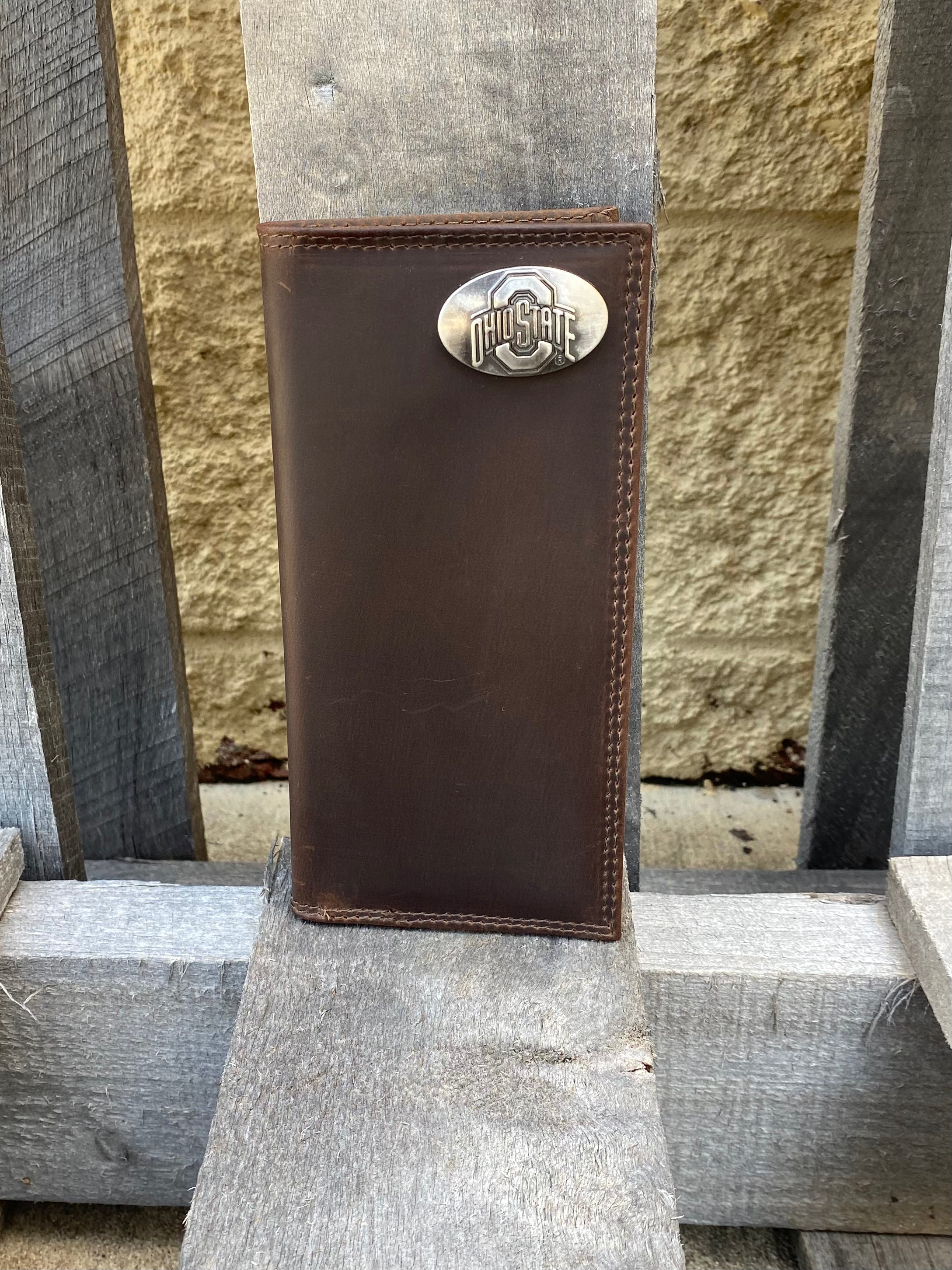 Zep-Pro Ohio State University Buckeyes Brown “Crazy Horse” Leather Tall Wallet with oval brass Ohio State logo concho in upper right corner. Front view