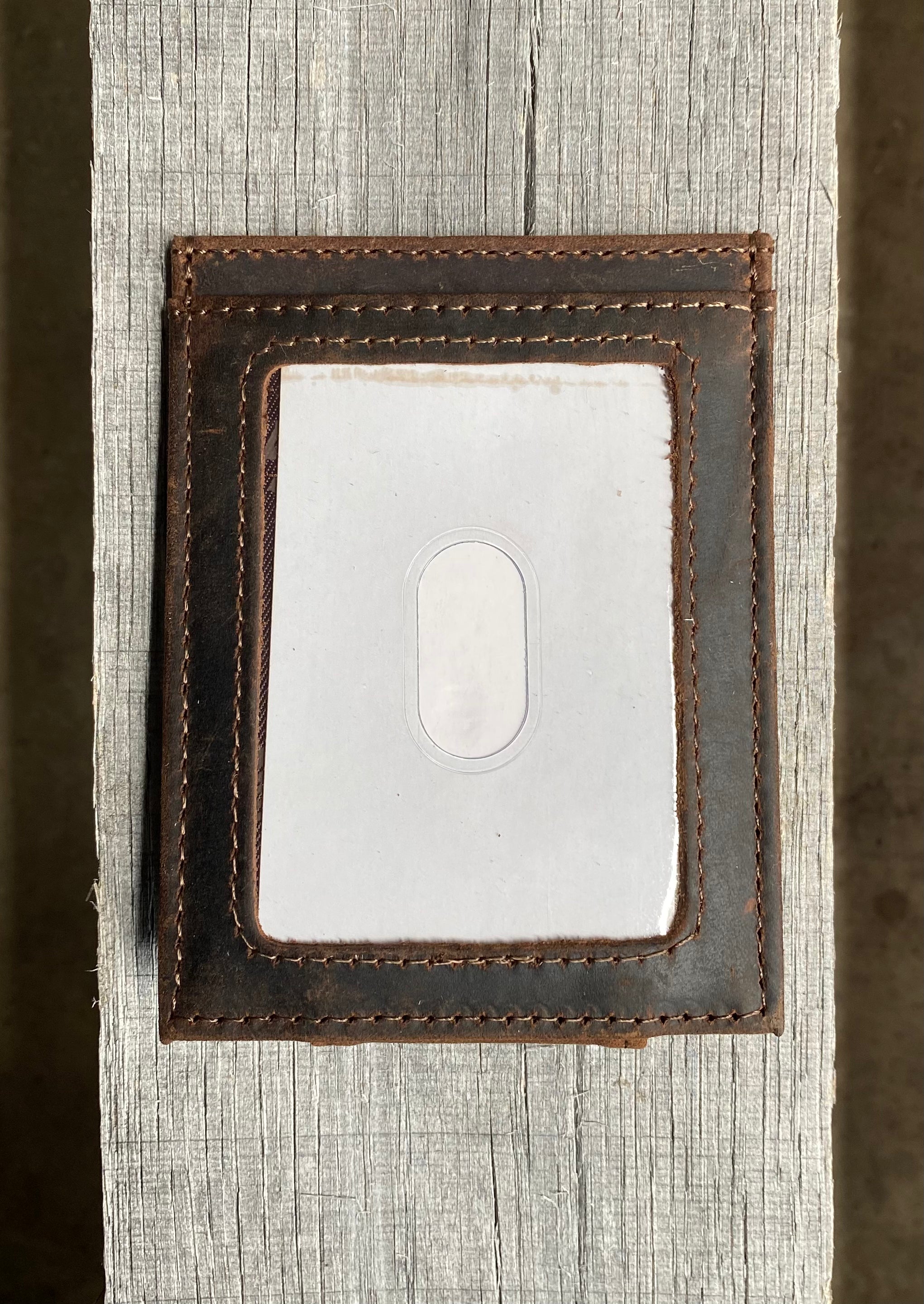 Zep Pro Ole Miss Brown “Crazy Horse” Leather Front Pocket Wallet. Back view shows clear ID window.