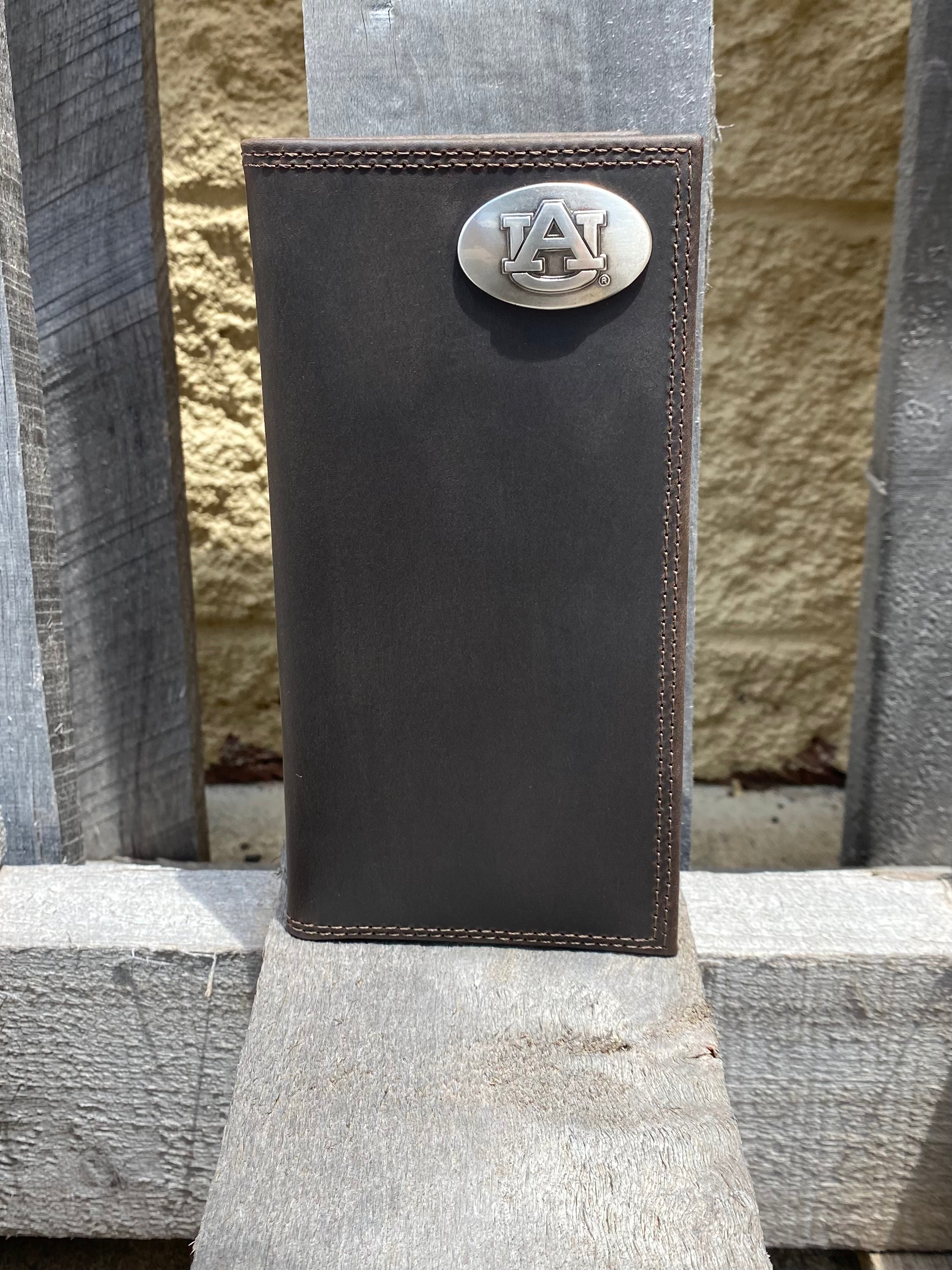 Zep-Pro Auburn University Tigers Brown “Crazy Horse” Leather Tall Wallet with brass "AU" concho in upper right corner. Front view
