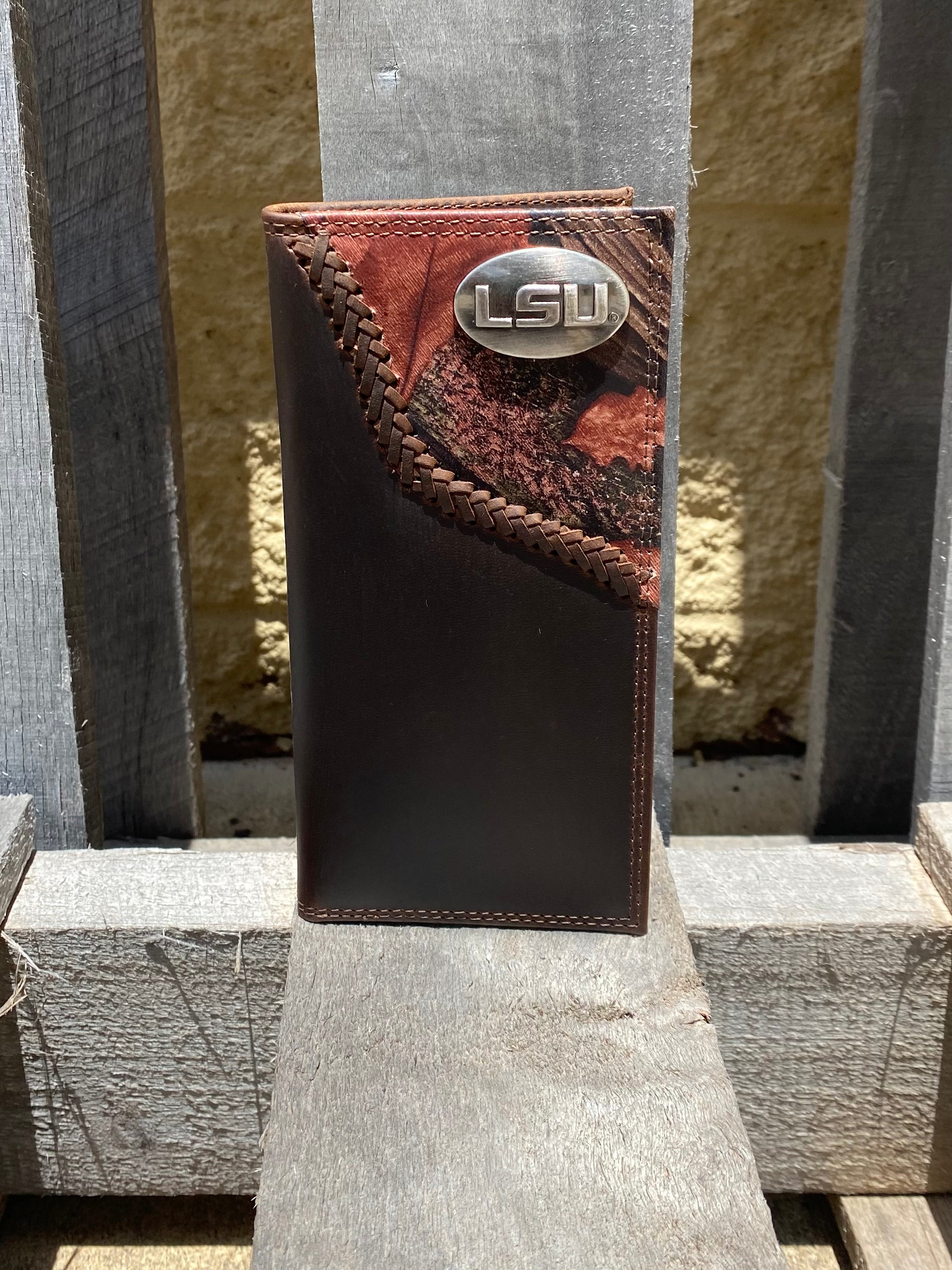 Zep-Pro LSU Tigers 1/2 Mossy Oak Camo Leather Tall Wallet front view shows LSU logo oval brass concho on top right.