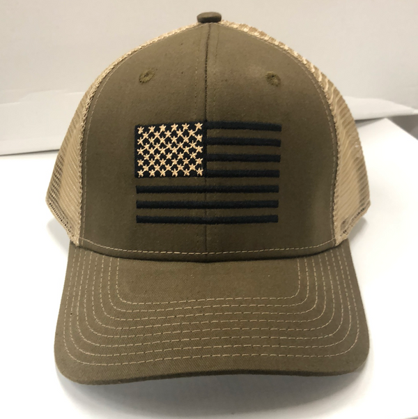 American Flag Embroidered HW-AF-OB Olive Green/Khaki Snap Back Trucker Cap