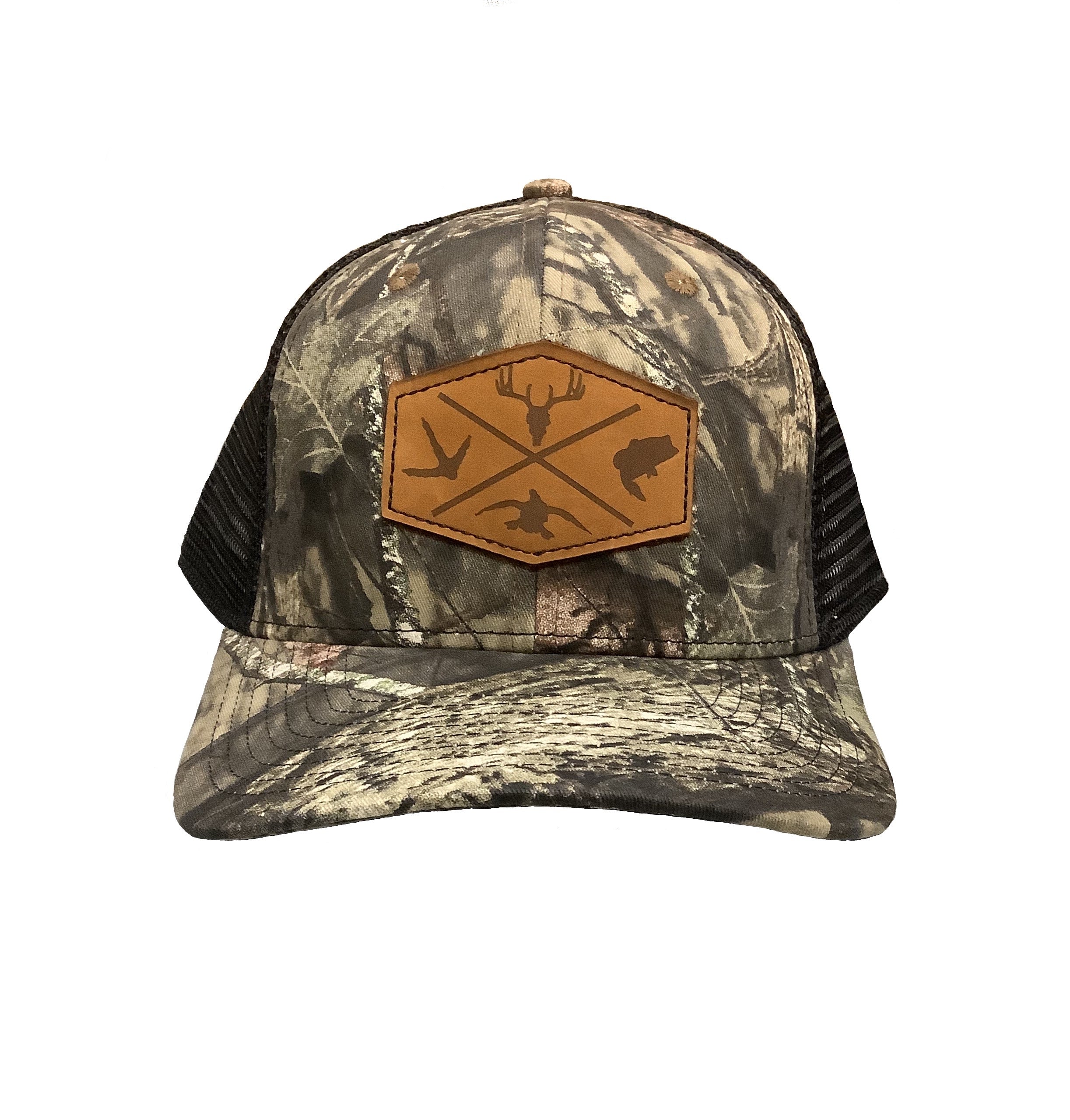 Hunters Logo Leather Patch HW-LOS-BUC-BLK Camo/Black Snap Back Trucker Cap