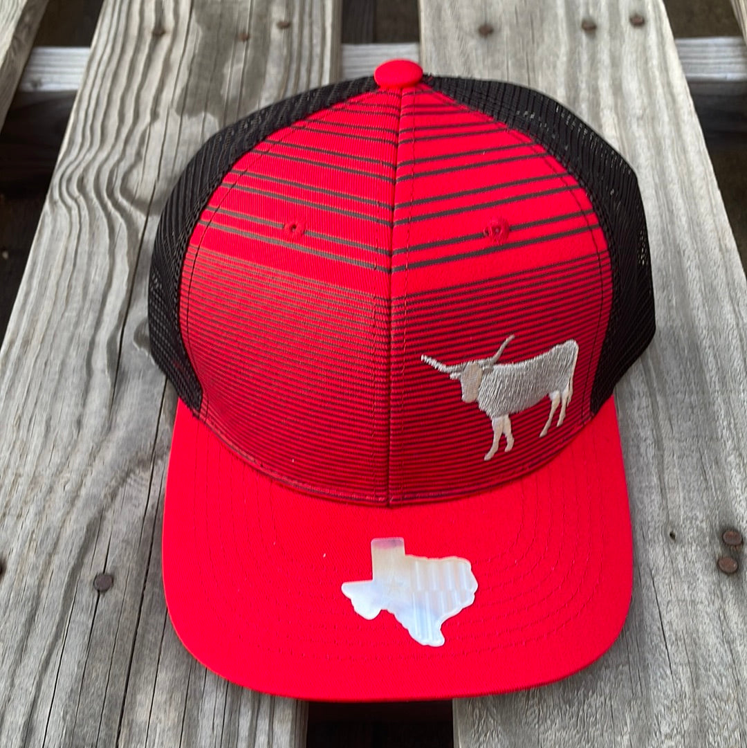 Red and Black trucker cap with a embroidered longhorn design. It has a solid Red brim and a Black mesh back. Front View