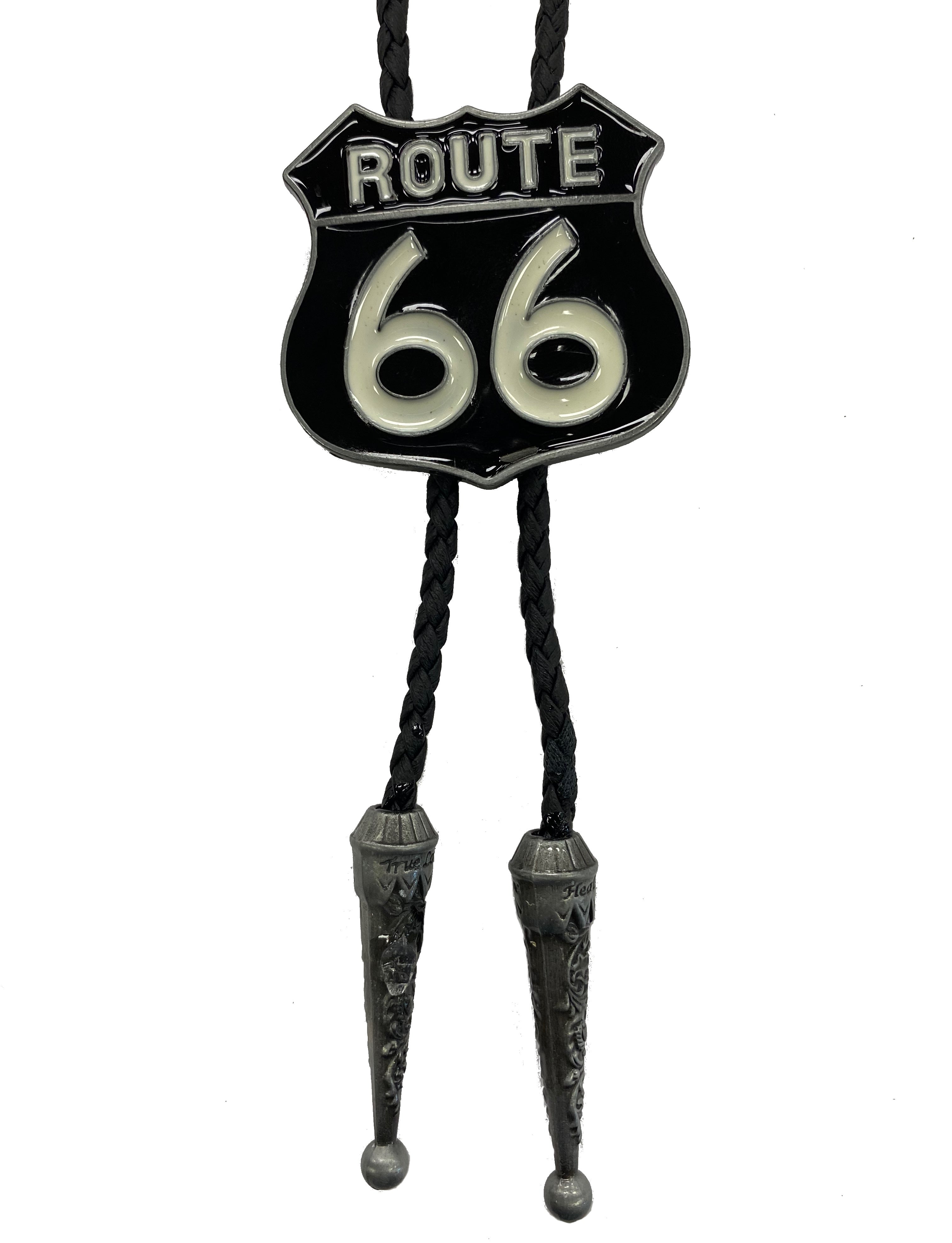 This bolo tie features the Route 66 design on a Black background. It is on a Black braided cord with metal tips and it is fully adjustable.