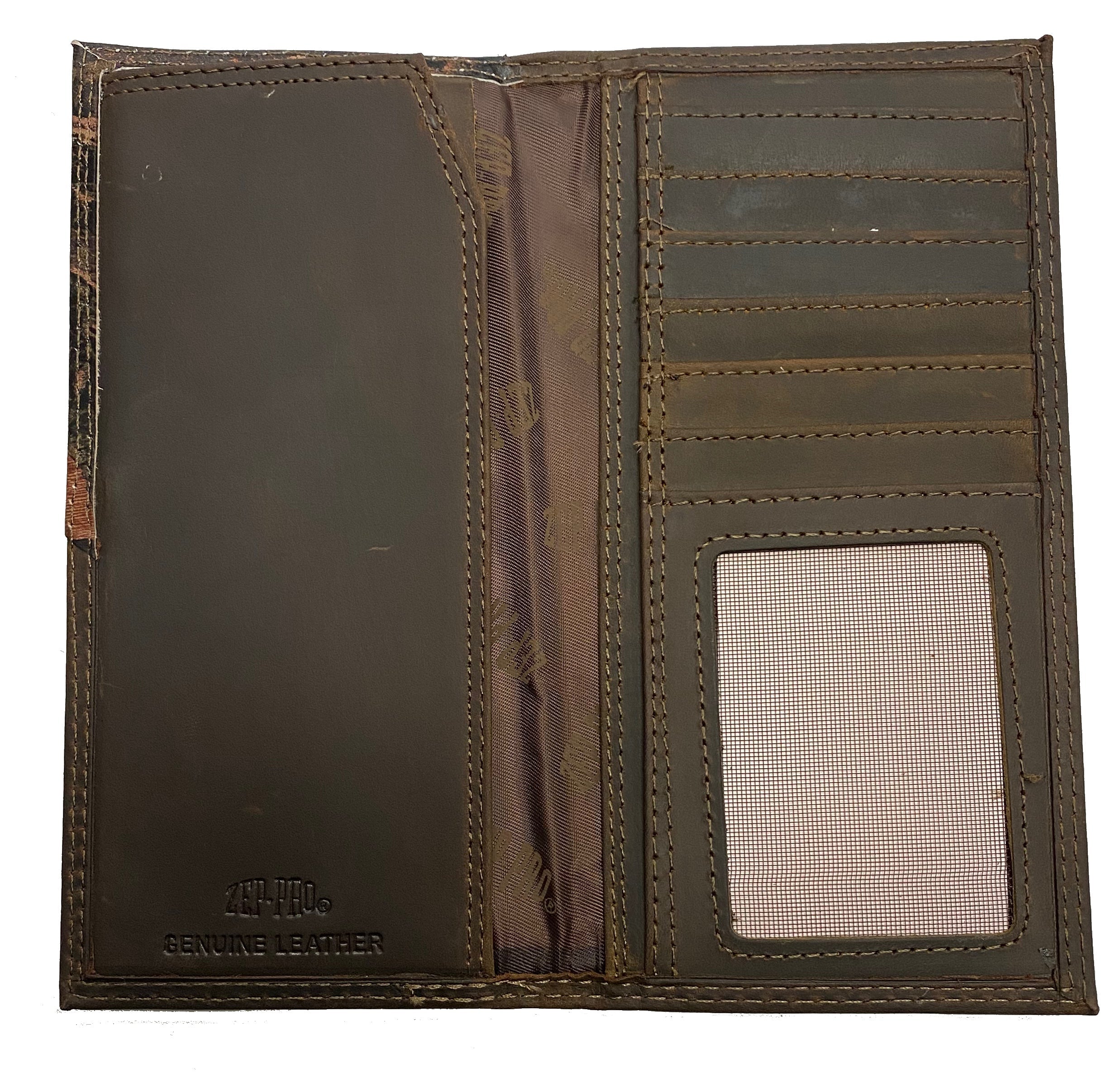 Zep-Pro Oklahoma State University Cowboys Brown “Crazy Horse” Leather Tall Wallet inside view showing:
6 interior credit card slots
1 ID windowt
2 bill/cash compartments