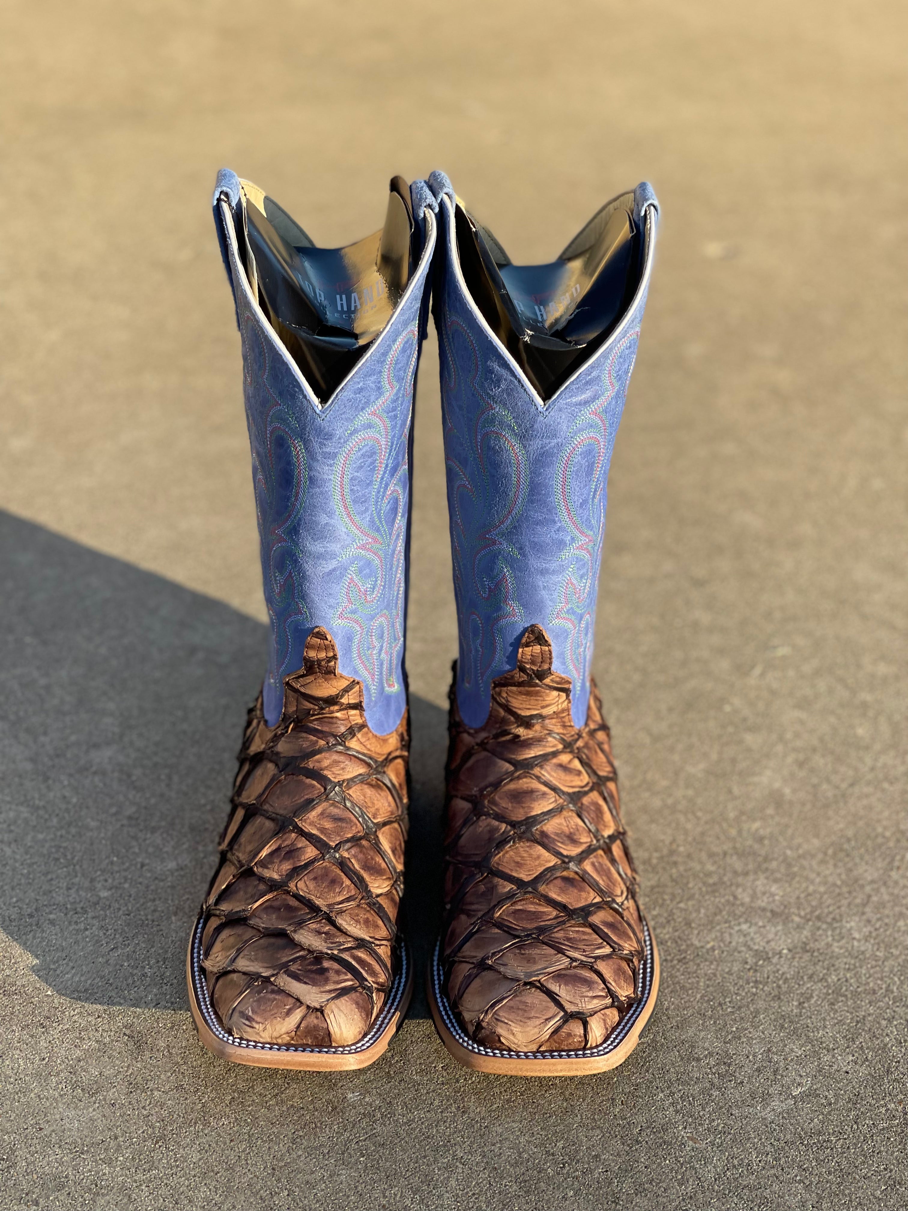 Men's Anderson Bean cowboy boots in cigar matte big bass and a royal sinsation top. Front View