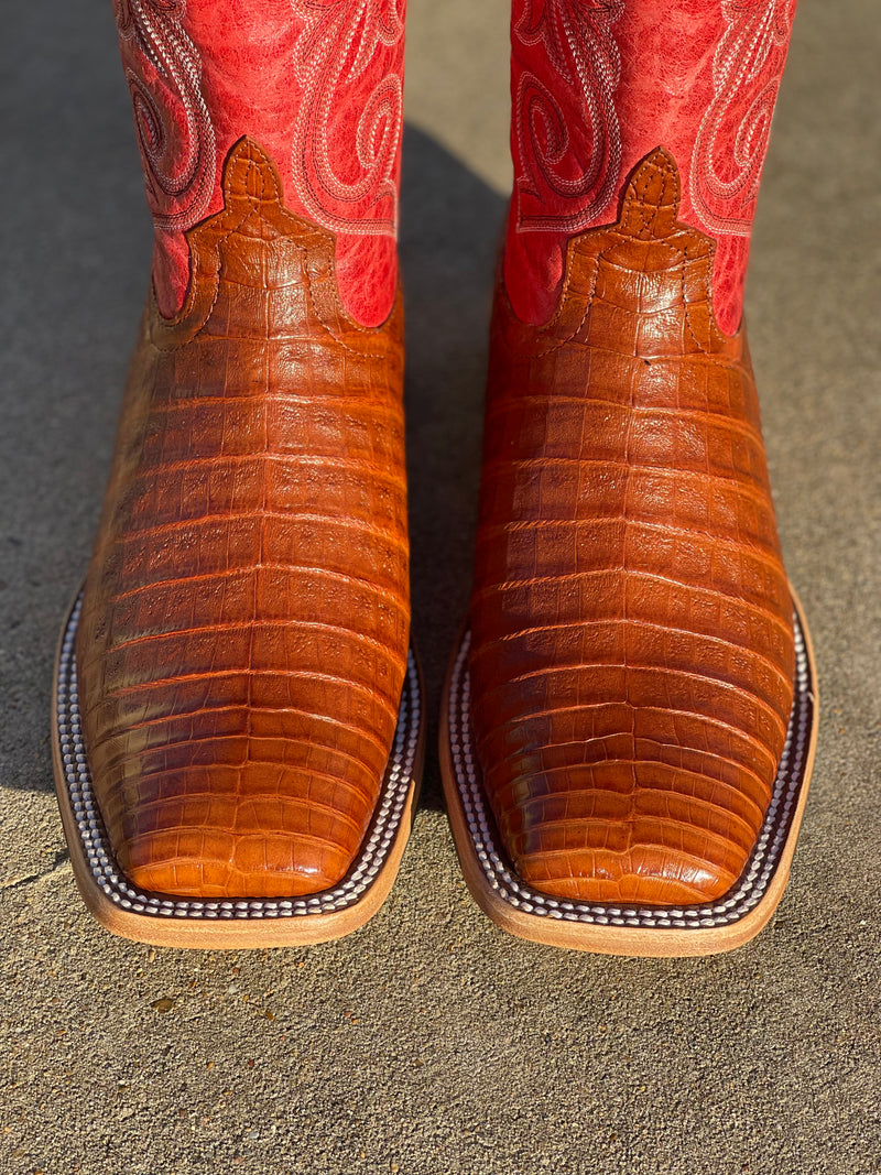 Men's Horse Power Top Hand HP8003 13" Brandy Caiman Belly with Red Sinsation Top Square Toe Boot (SHOP IN-STORE TOO)