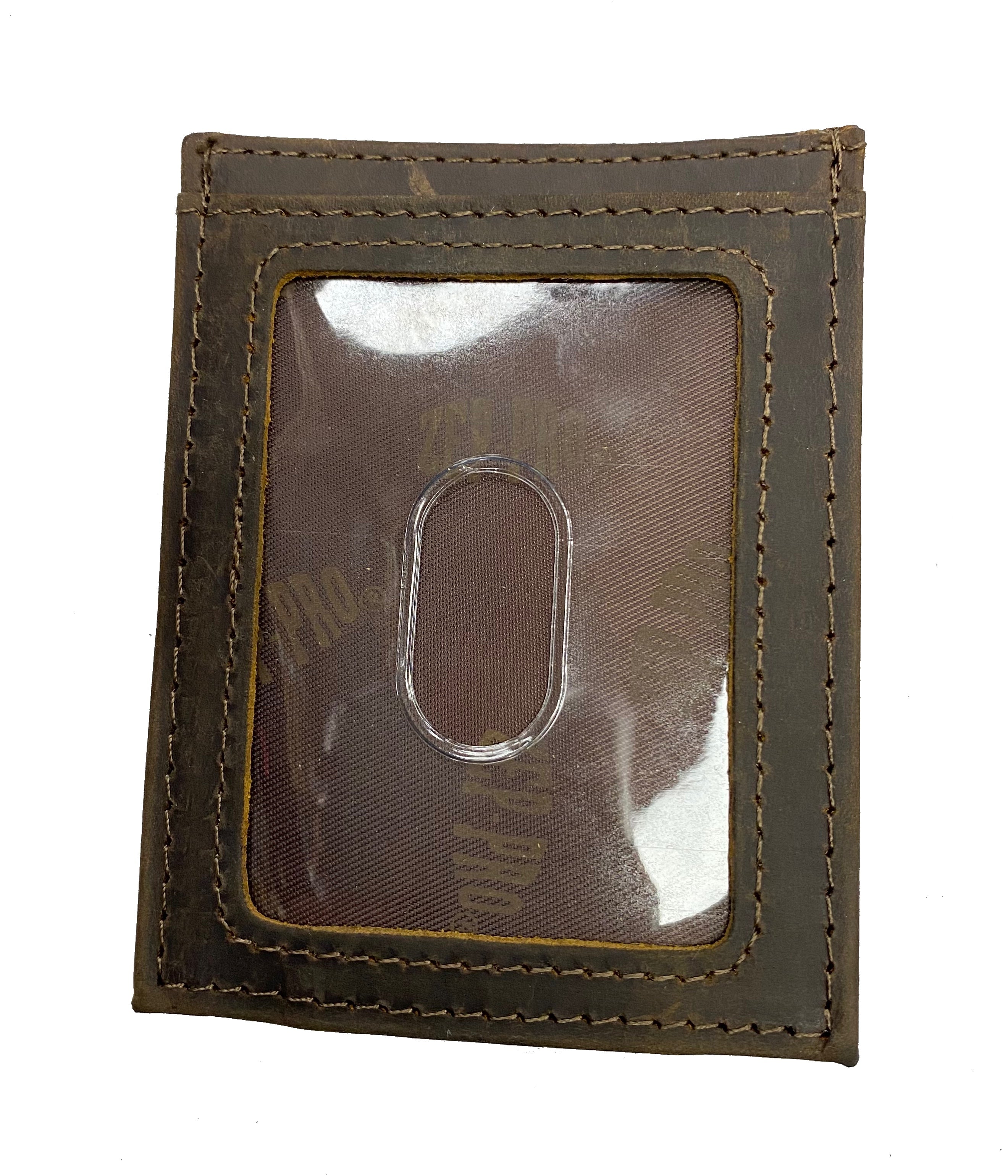 Zep Pro Florida State University Brown “Crazy Horse” Leather Front Pocket Wallet. Back view shows clear ID window.