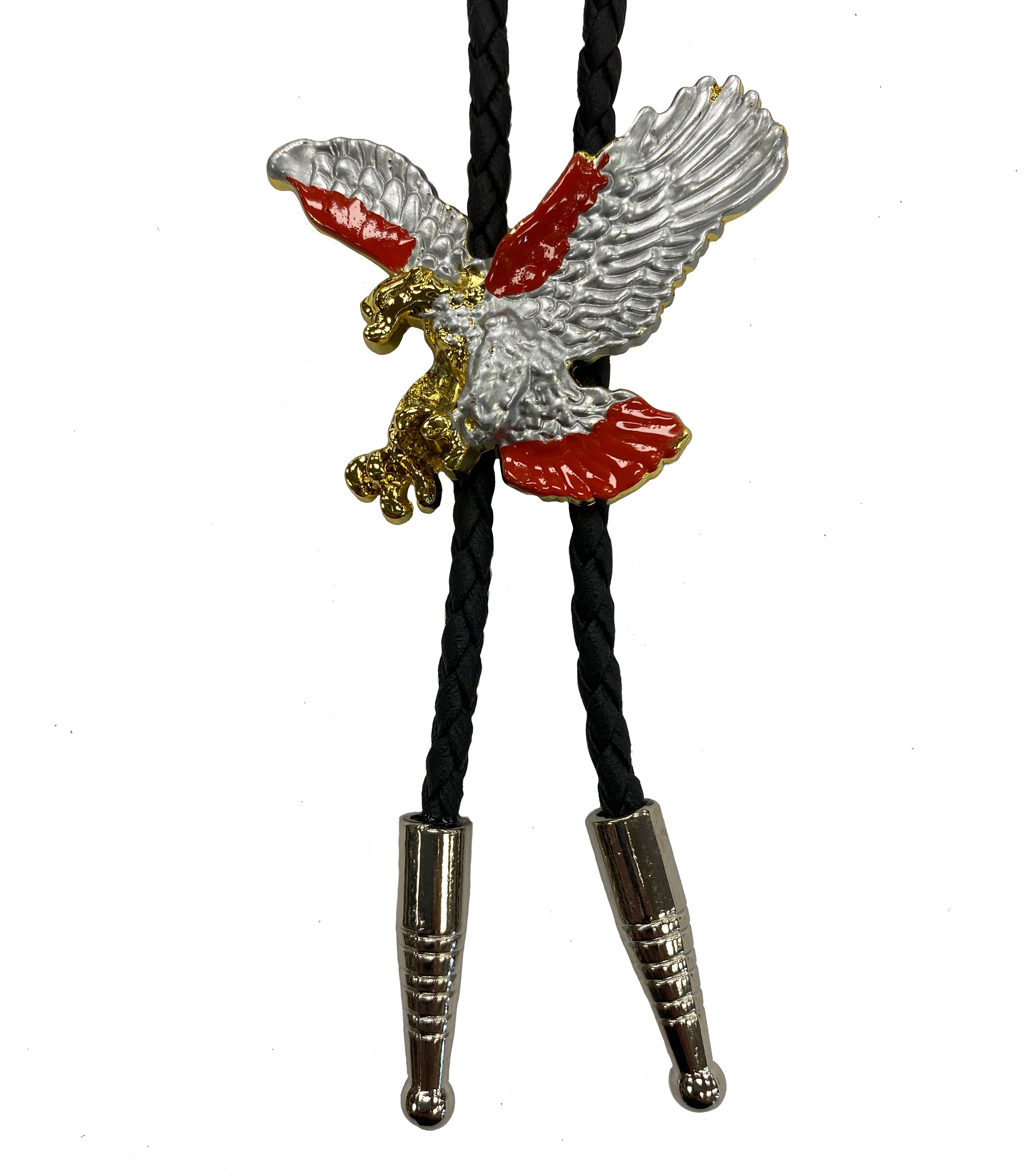 This Silver eagle bolo tie features Red and Gold accents. It comes on a Black braided cord with metal tips.