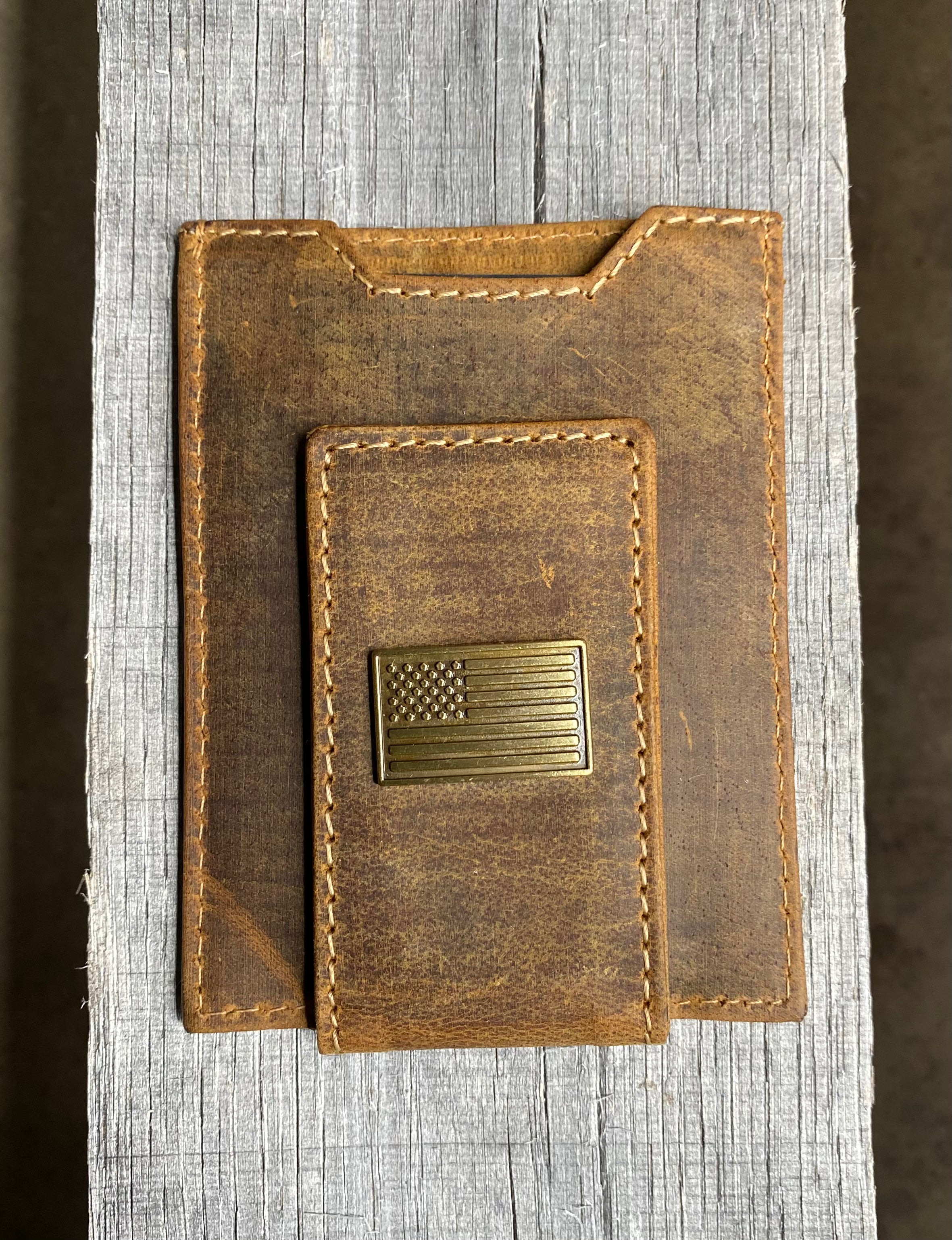 Zep Pro USA Flag Concho Vintage Tan Leather Front Pocket Wallet. Front view shows brass American Flag concho on magnetic cash closure tab.