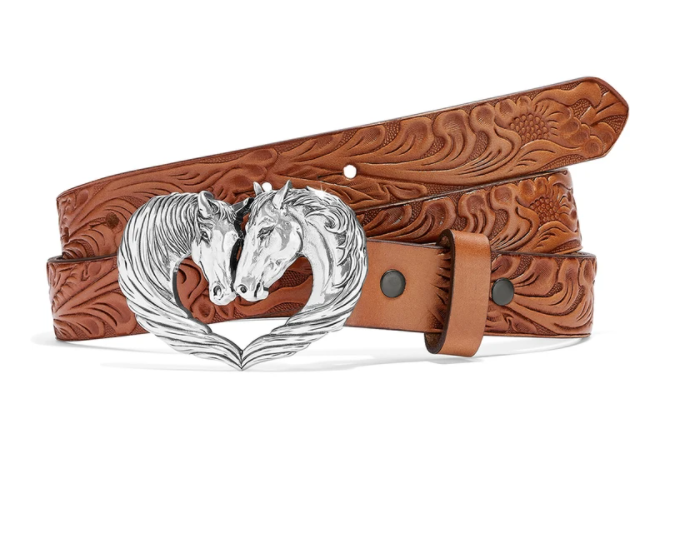 Children's tan Western style tooled leather belt with a silver-plated buckle featuring two horses nuzzling noses to form a heart shape. Front View