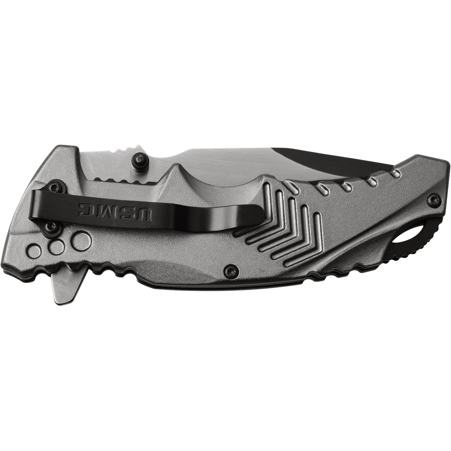 This Grey knife features a USMC logo. Shown closed featuring pocket clip.