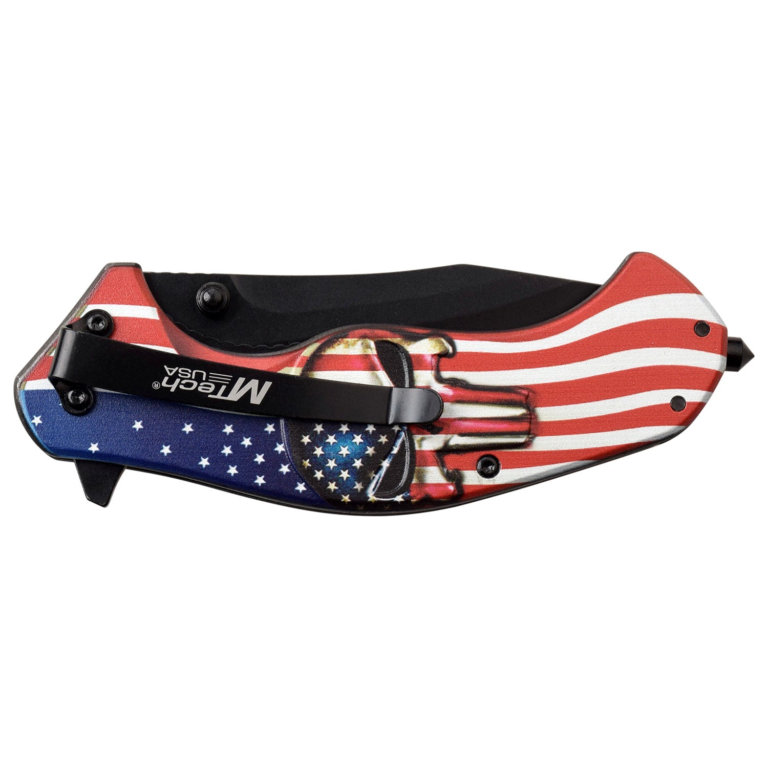 This knife features a American Flag background with a Punisher. Shown closed featuring the pocket clip.